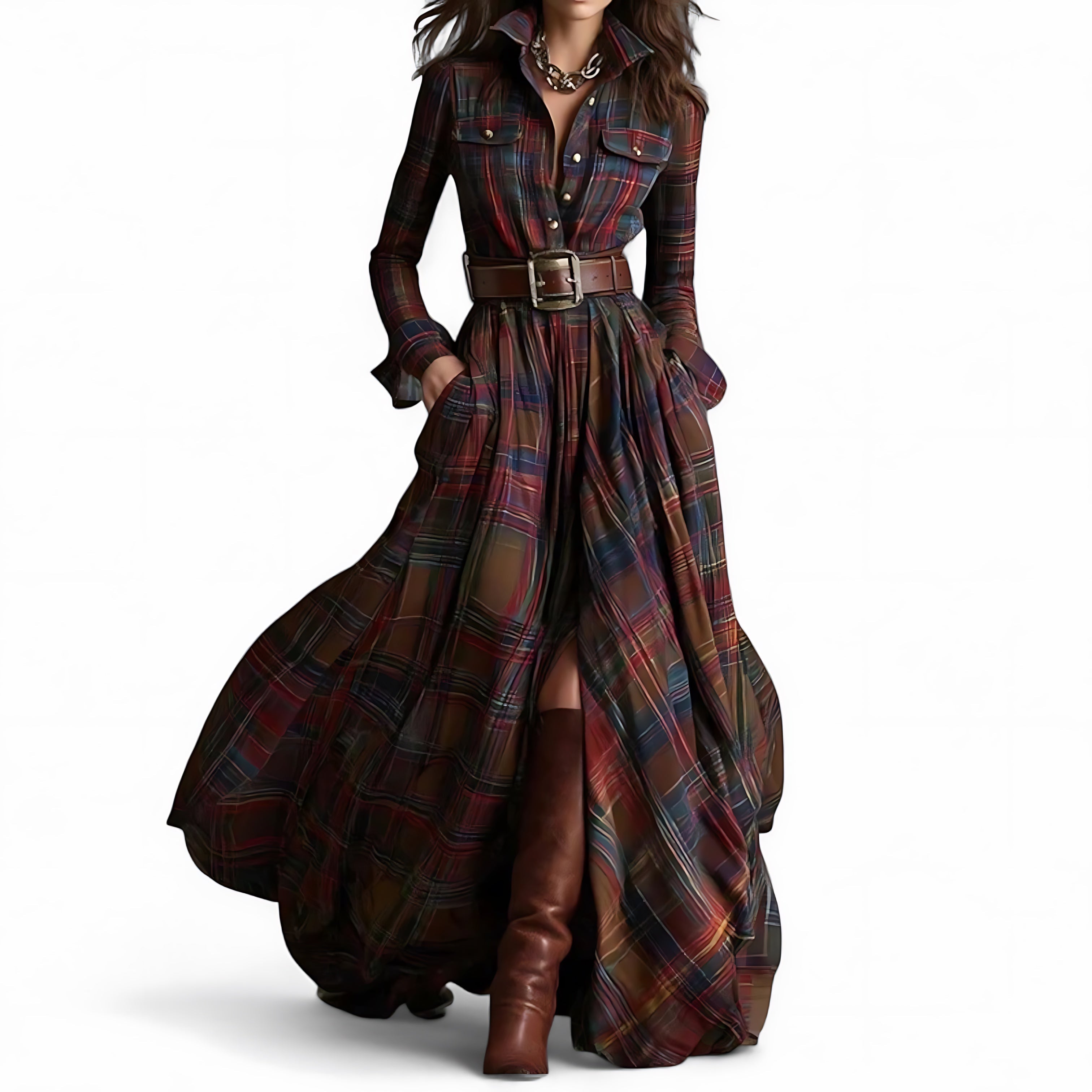 Serenity – Plaid Collared Long Sleeve Maxi Dress