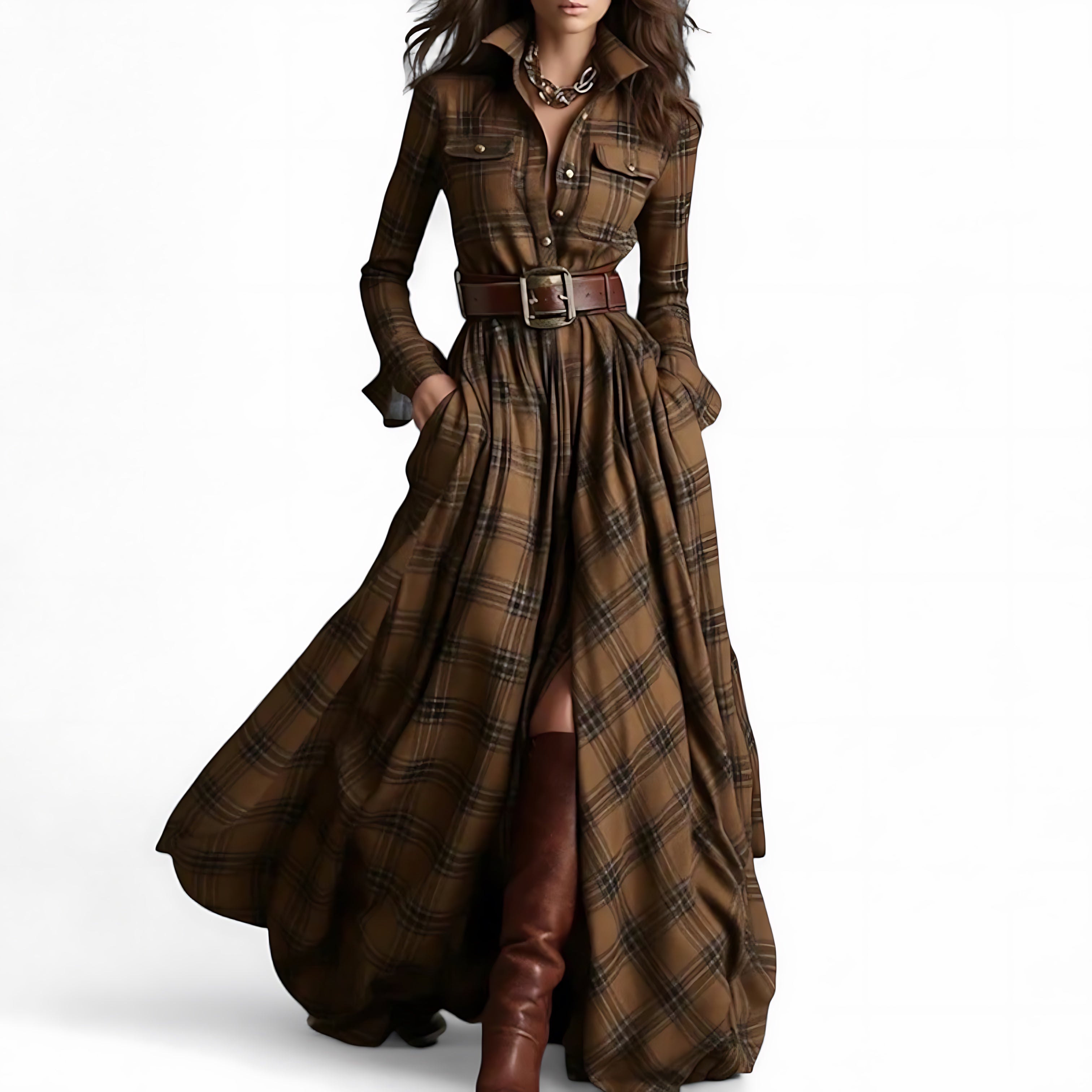 Serenity – Plaid Collared Long Sleeve Maxi Dress