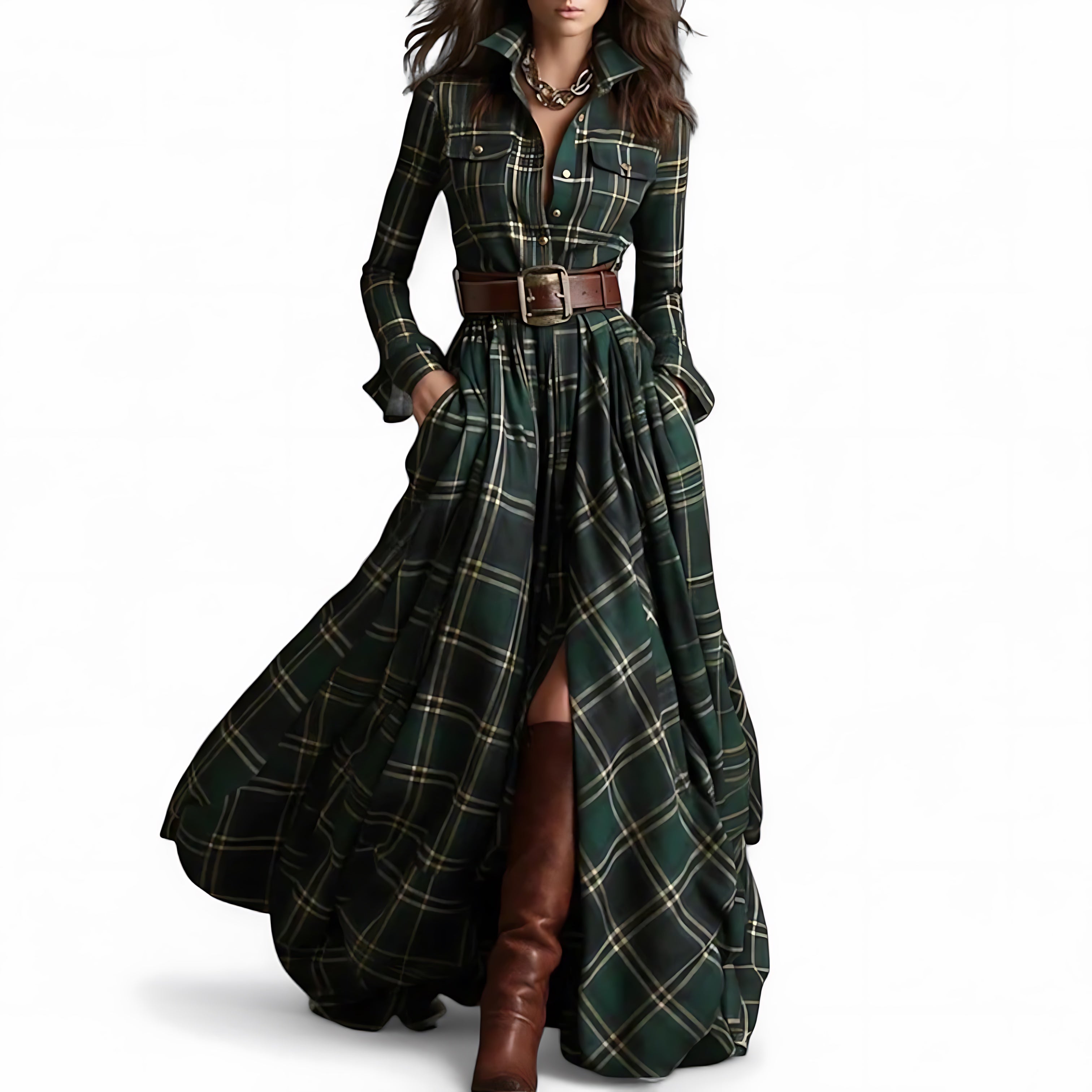 Serenity – Plaid Collared Long Sleeve Maxi Dress