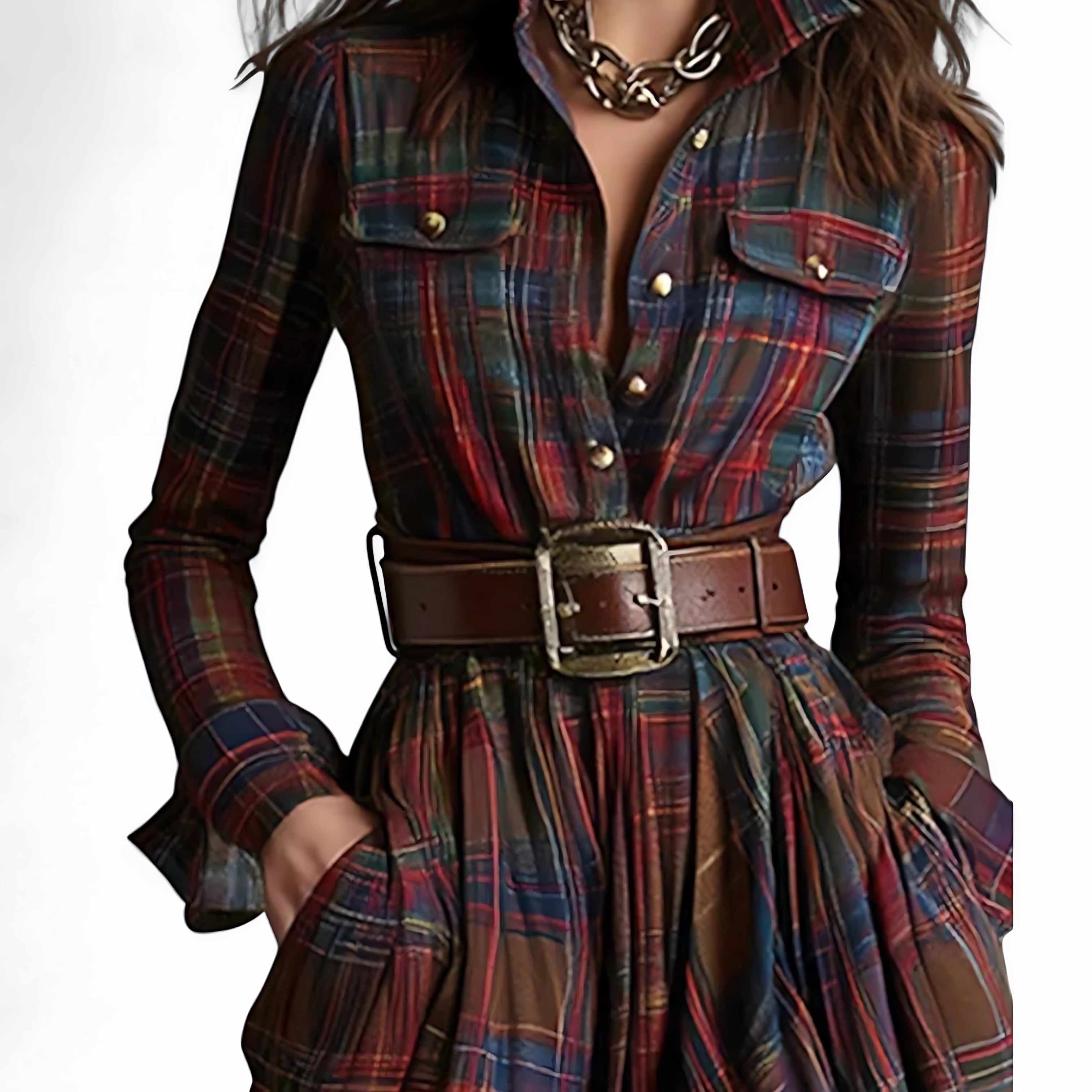 Serenity – Plaid Collared Long Sleeve Maxi Dress