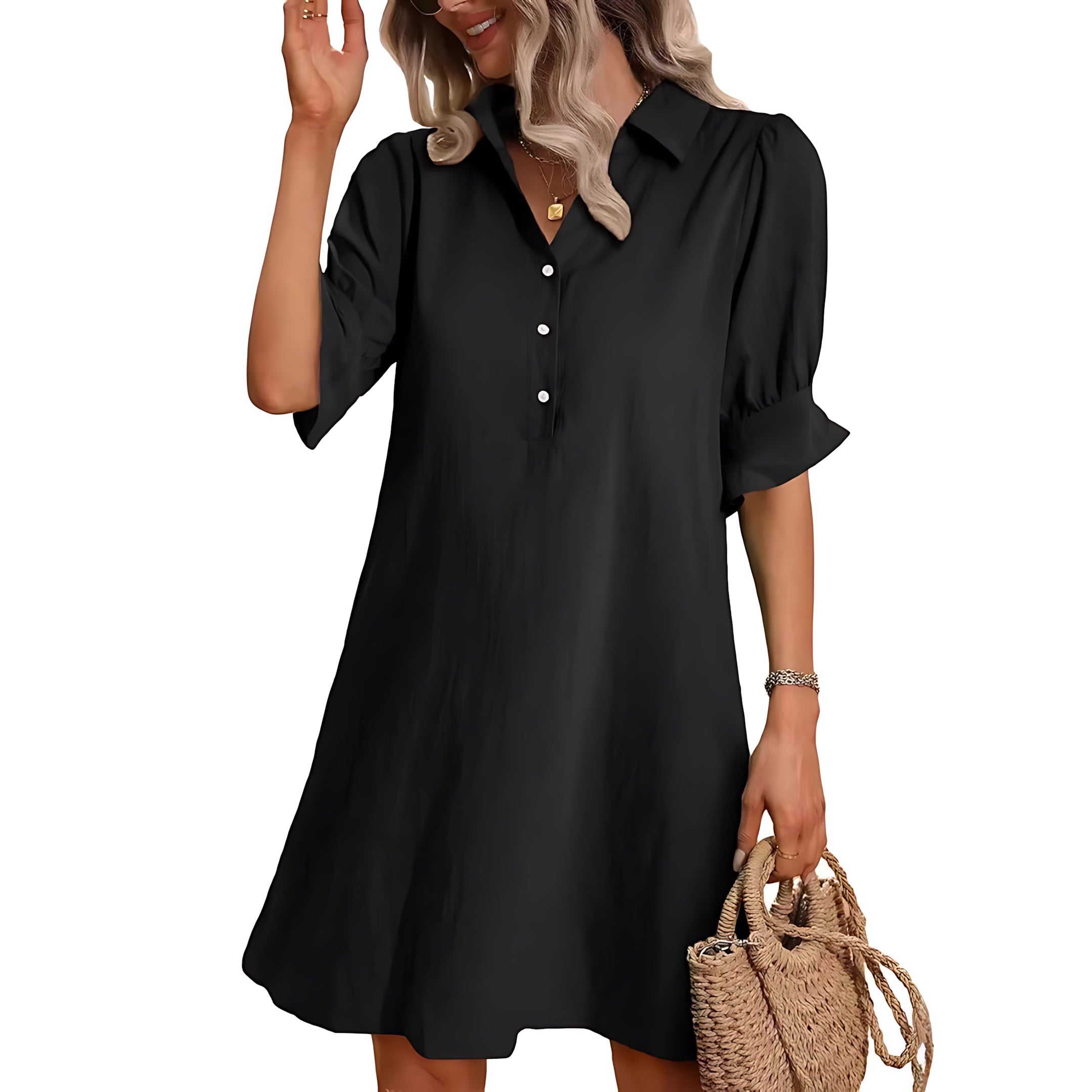 Skylar – Collared Long Sleeve Swing Mini Shirt Dress