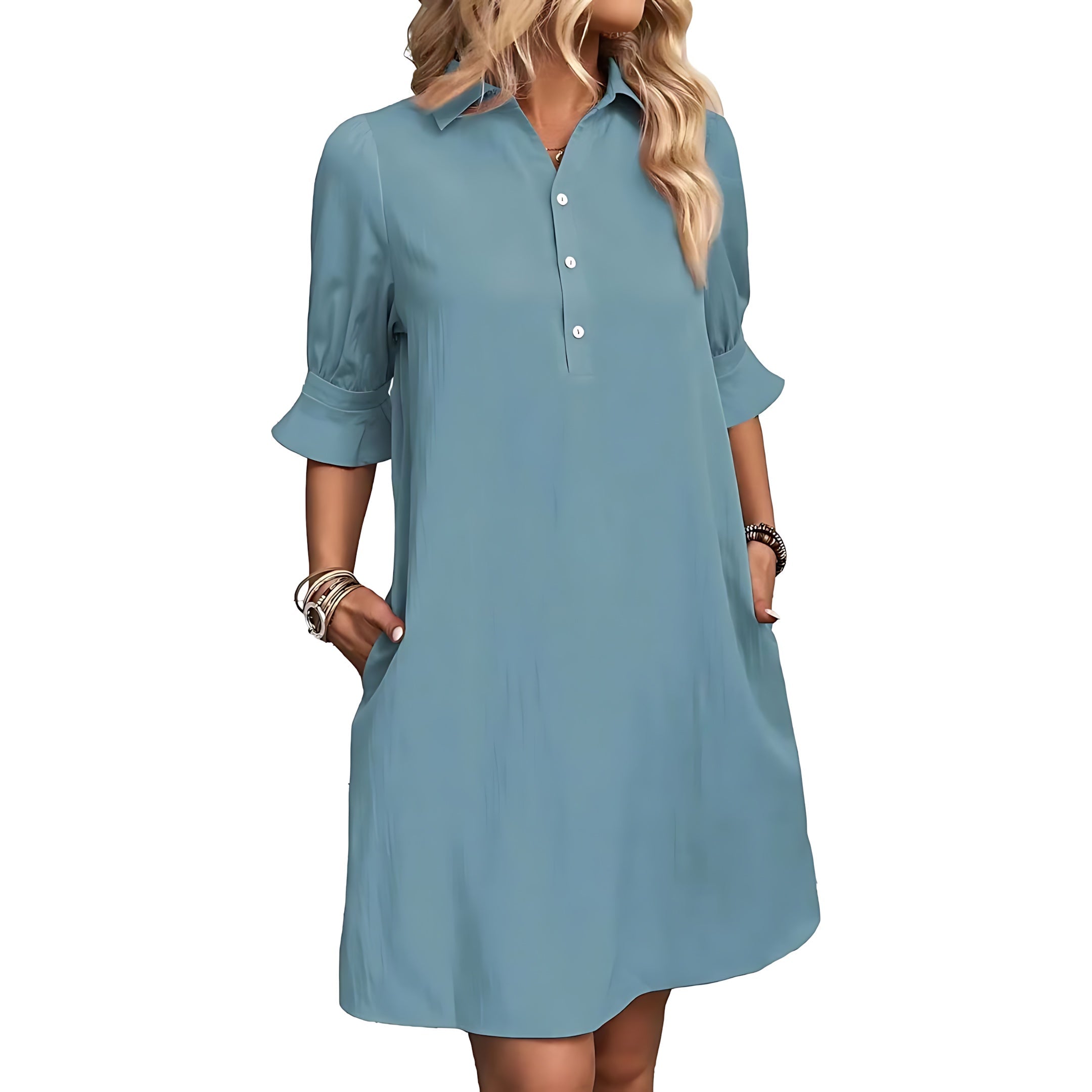 Skylar – Collared Long Sleeve Swing Mini Shirt Dress
