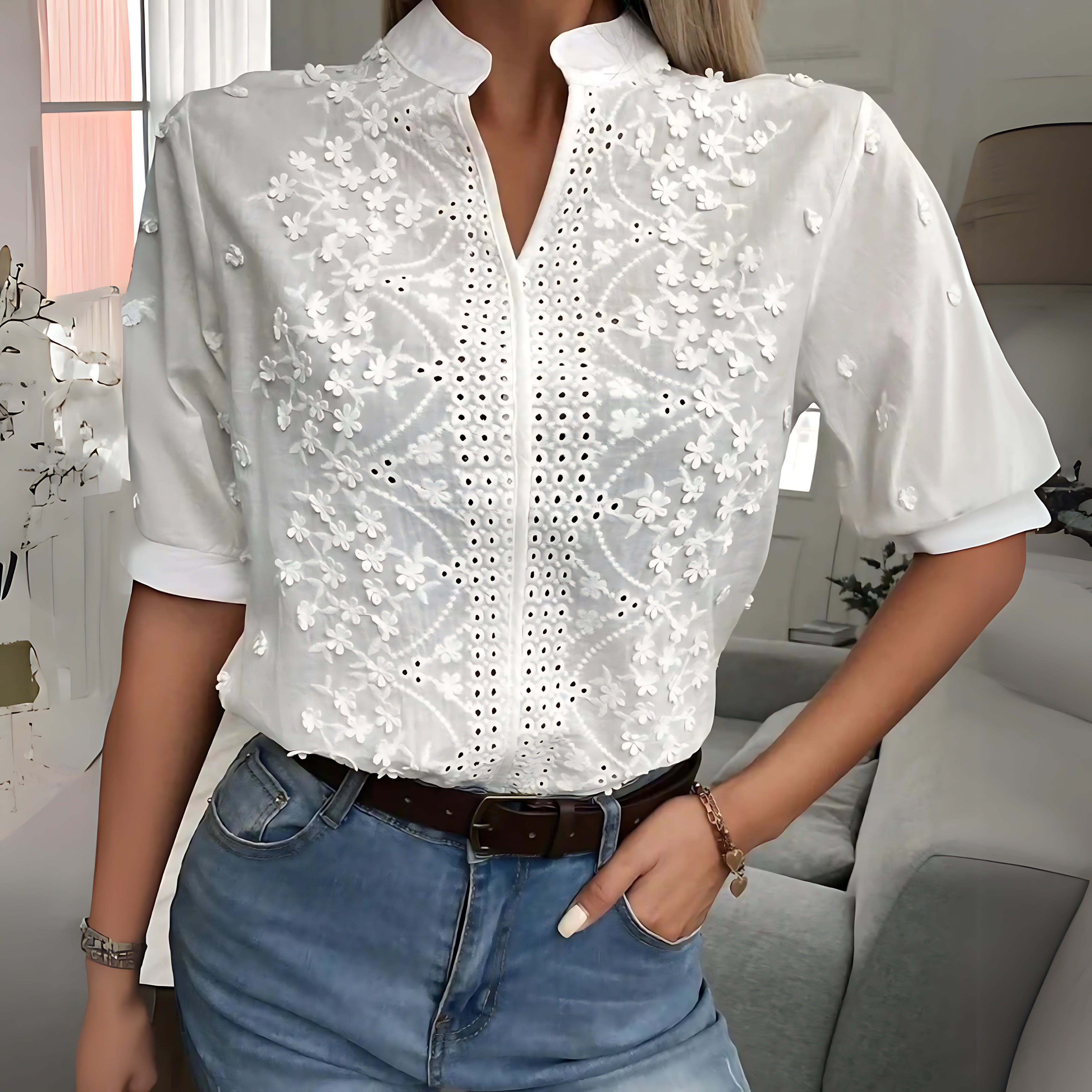 Skylar – Lace Button Up V Neck Blouse