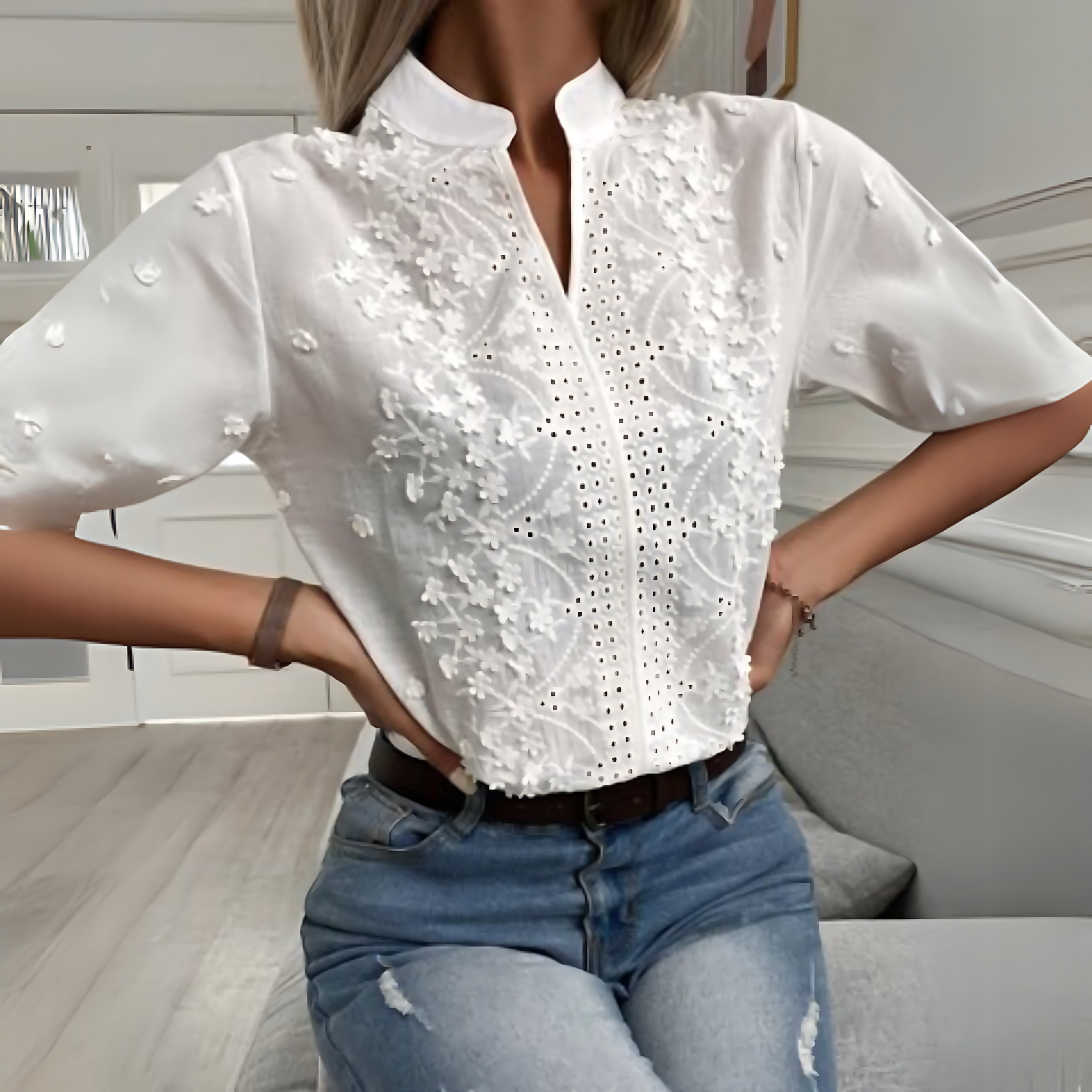 Skylar – Lace Button Up V Neck Blouse