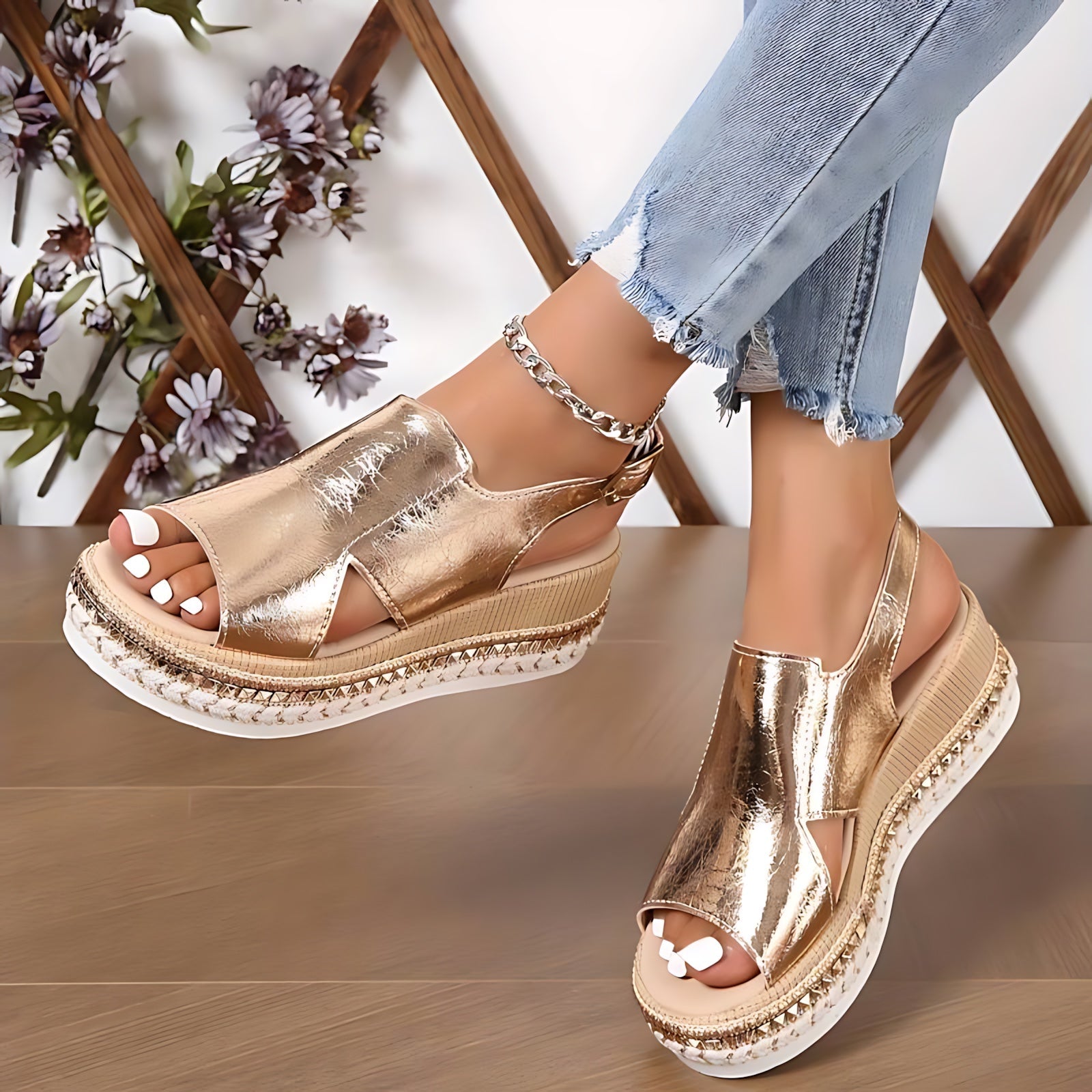 Skylar – Metallic Ankle Strap Wedge Sandals