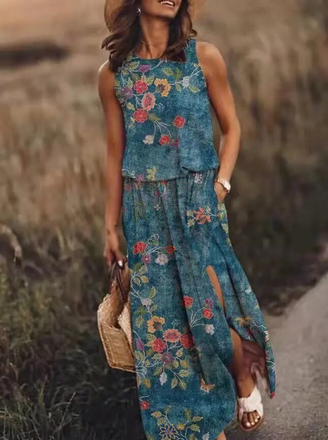 Ariana – Floral Print Scoop Neck Boho Maxi Dress