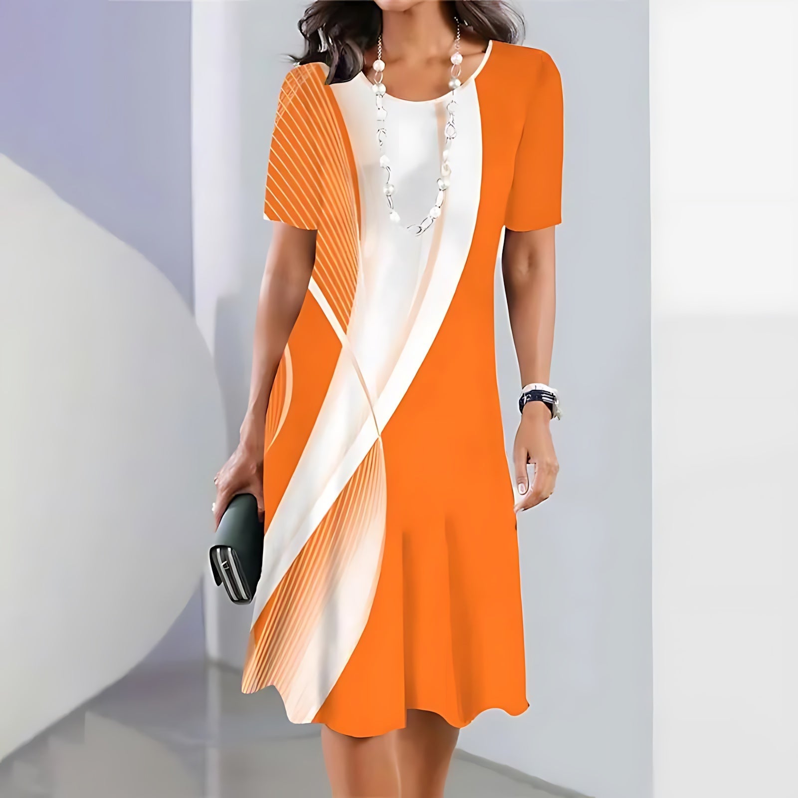 Sofia – Contrast Print Crew Neck A Line Midi Dress