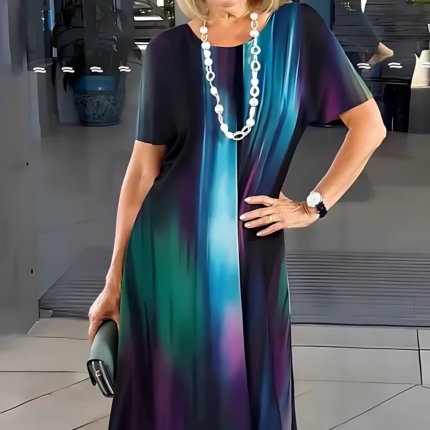 Sofia – Contrast Print Crew Neck A Line Midi Dress