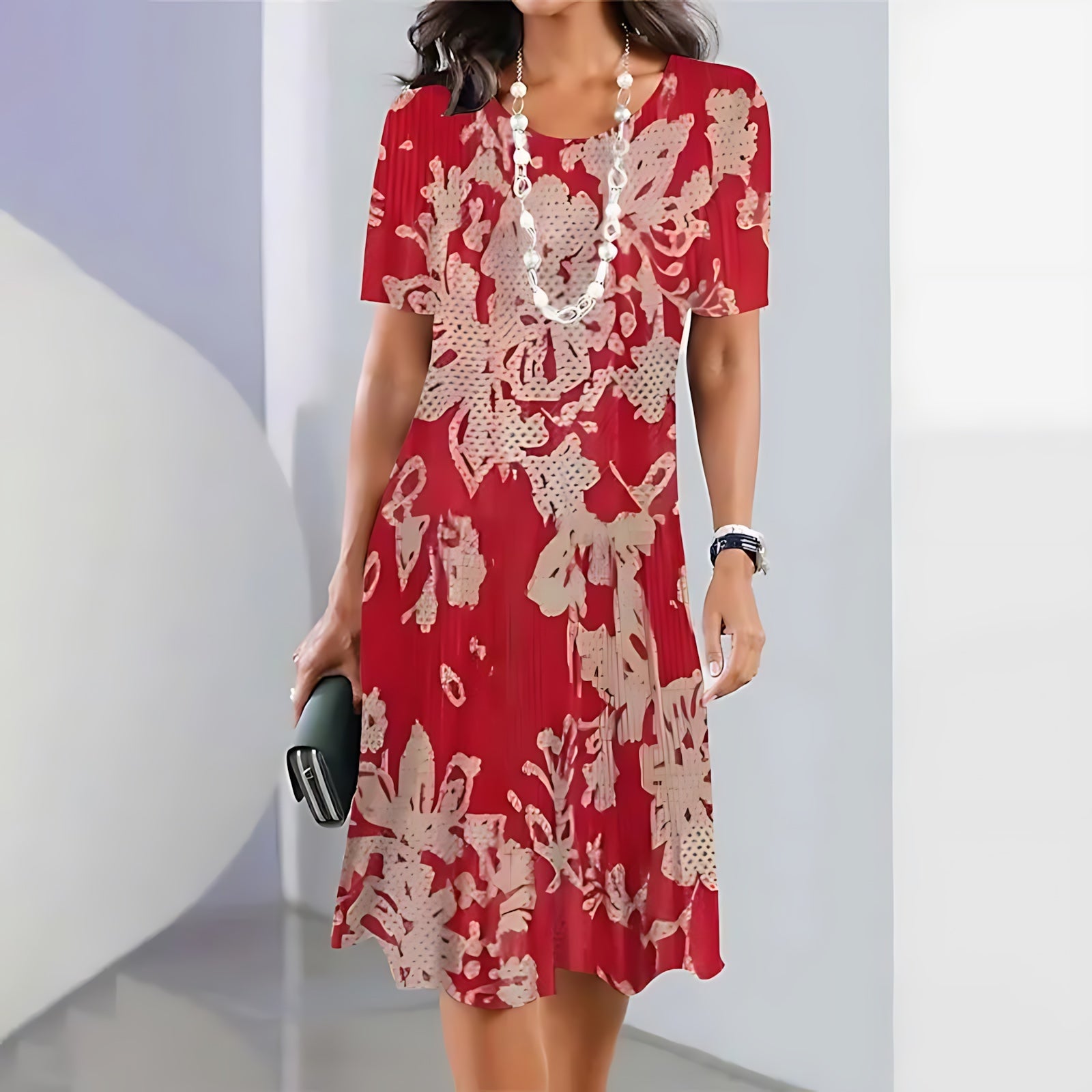 Sofia – Contrast Print Crew Neck A Line Midi Dress
