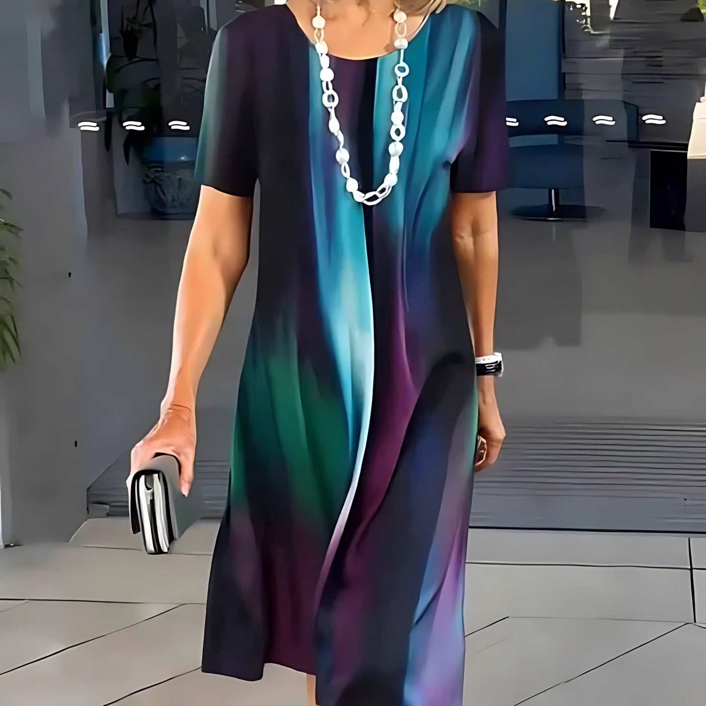 Sofia – Contrast Print Crew Neck A Line Midi Dress