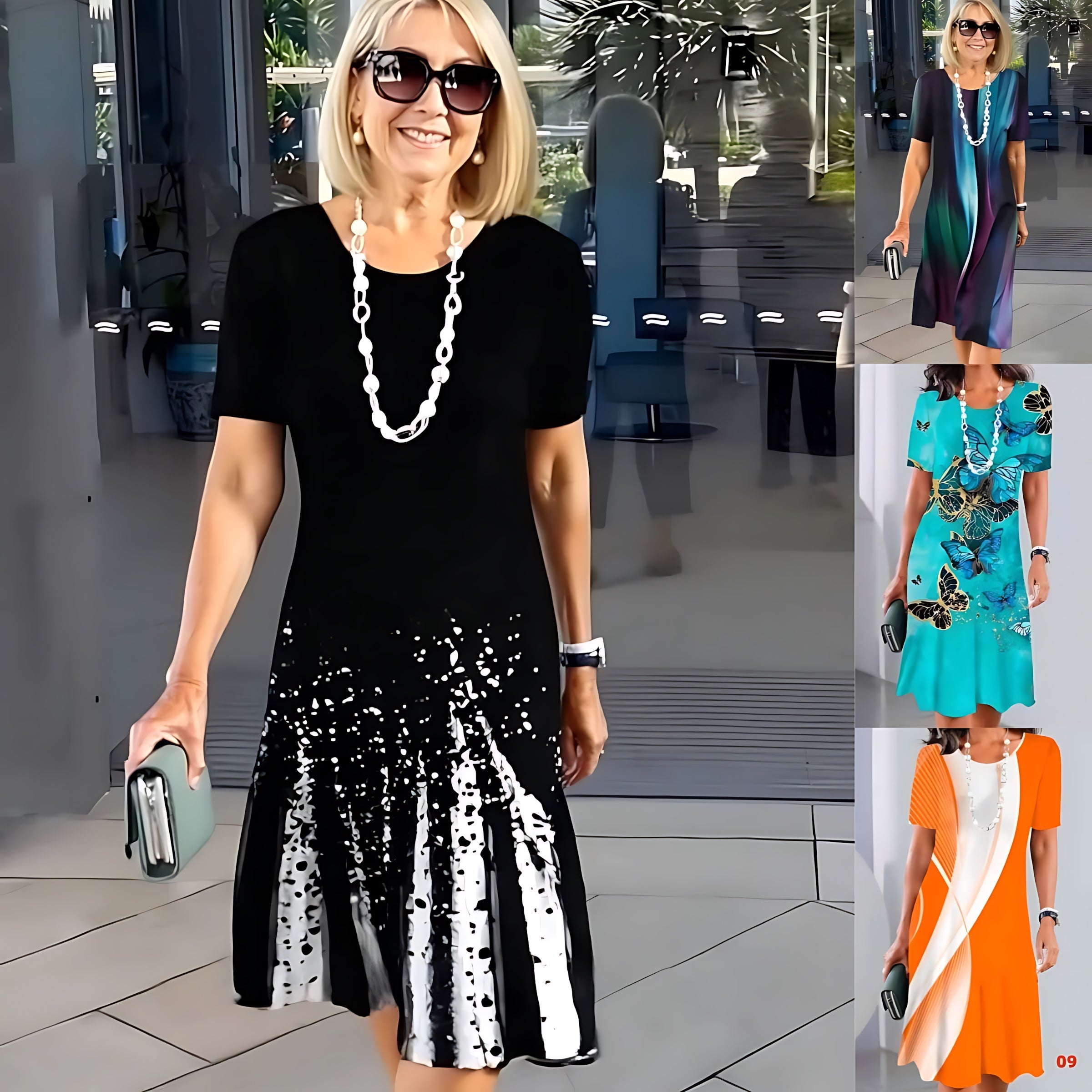 Sofia – Contrast Print Crew Neck A Line Midi Dress