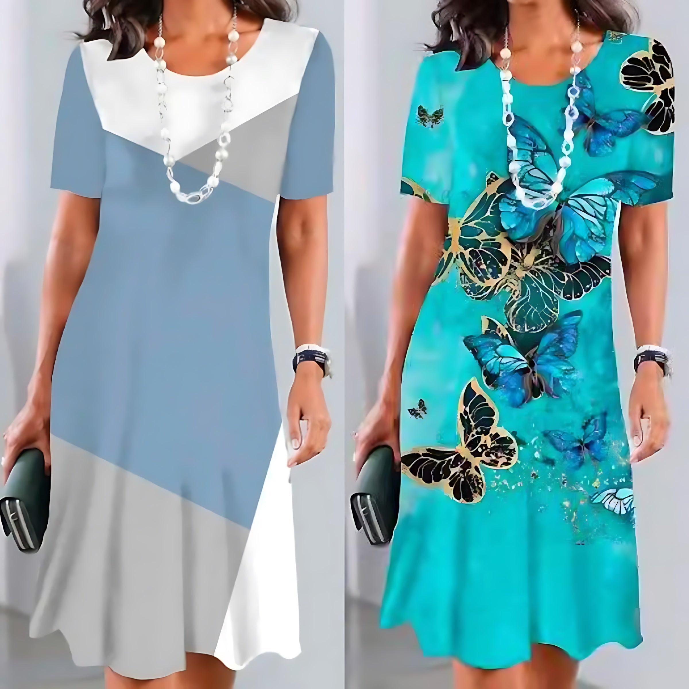 Sofia – Contrast Print Crew Neck A Line Midi Dress