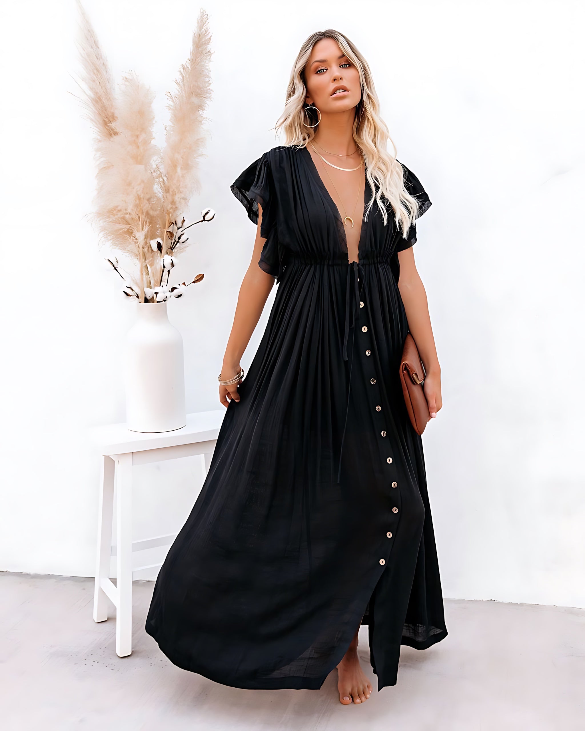 Sophia – V Neck Ruffle Sleeve Beach Maxi Dress