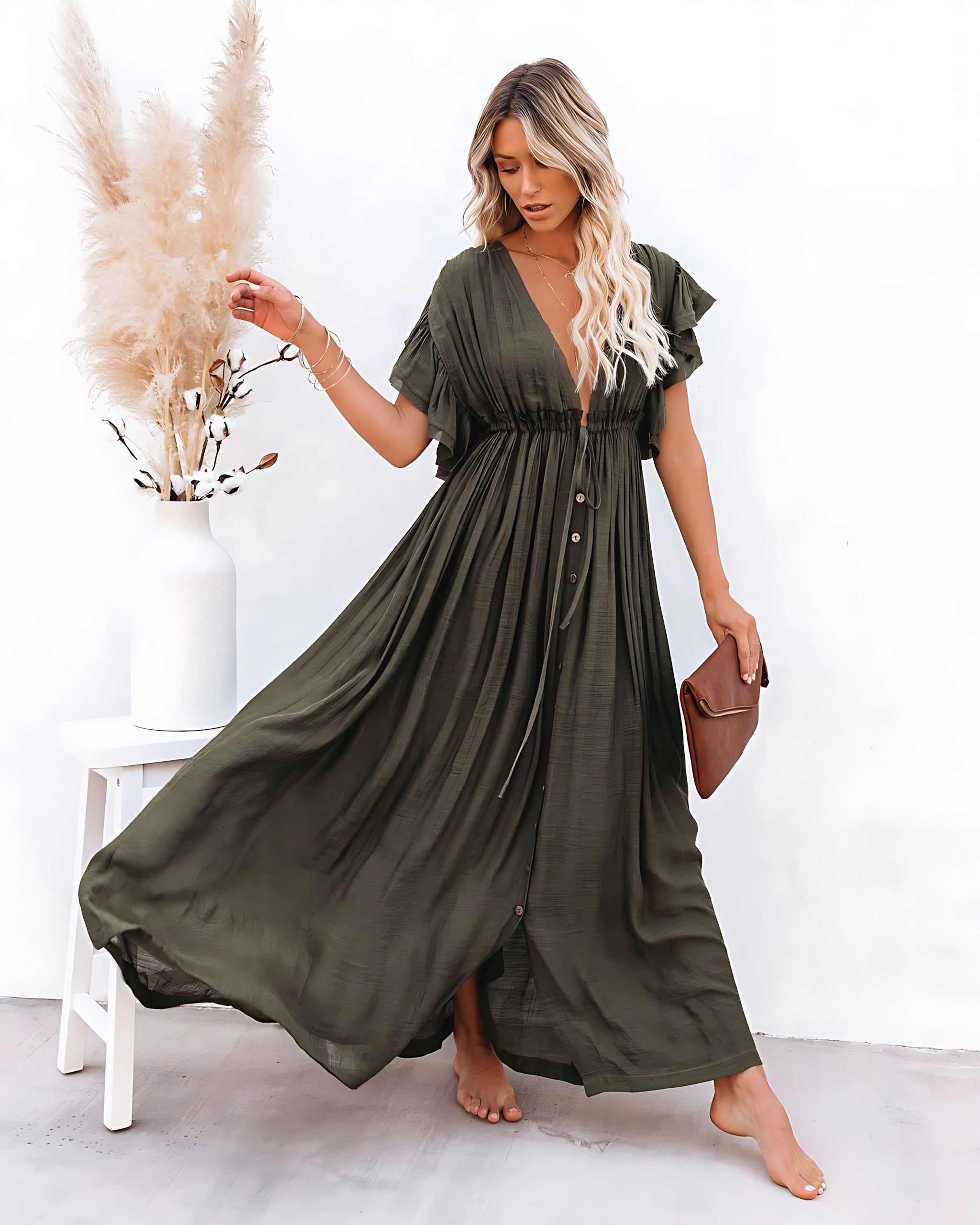 Sophia – V Neck Ruffle Sleeve Beach Maxi Dress
