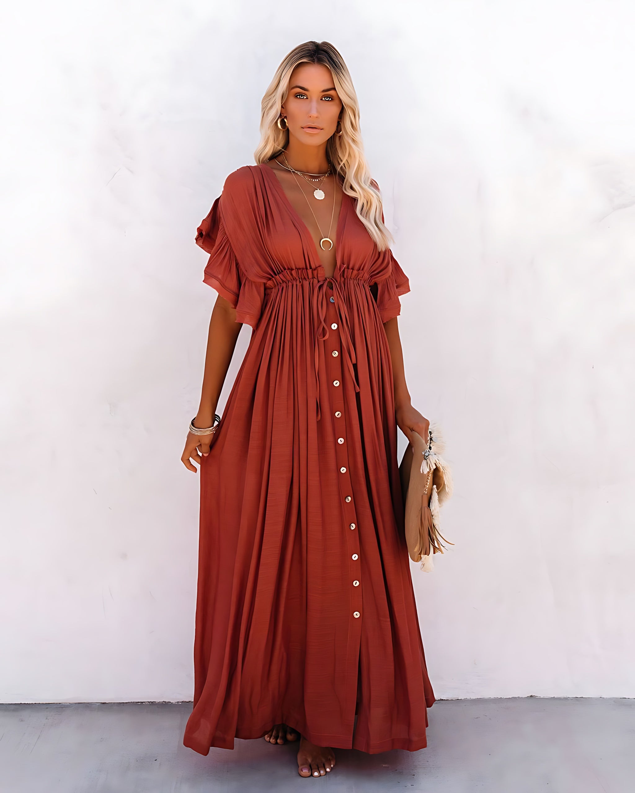 Sophia – V Neck Ruffle Sleeve Beach Maxi Dress