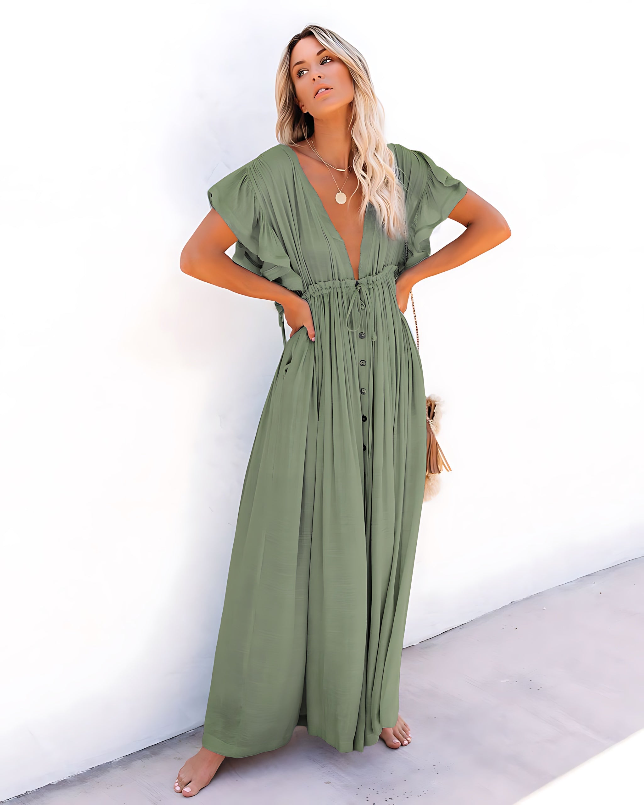 Sophia – V Neck Ruffle Sleeve Beach Maxi Dress