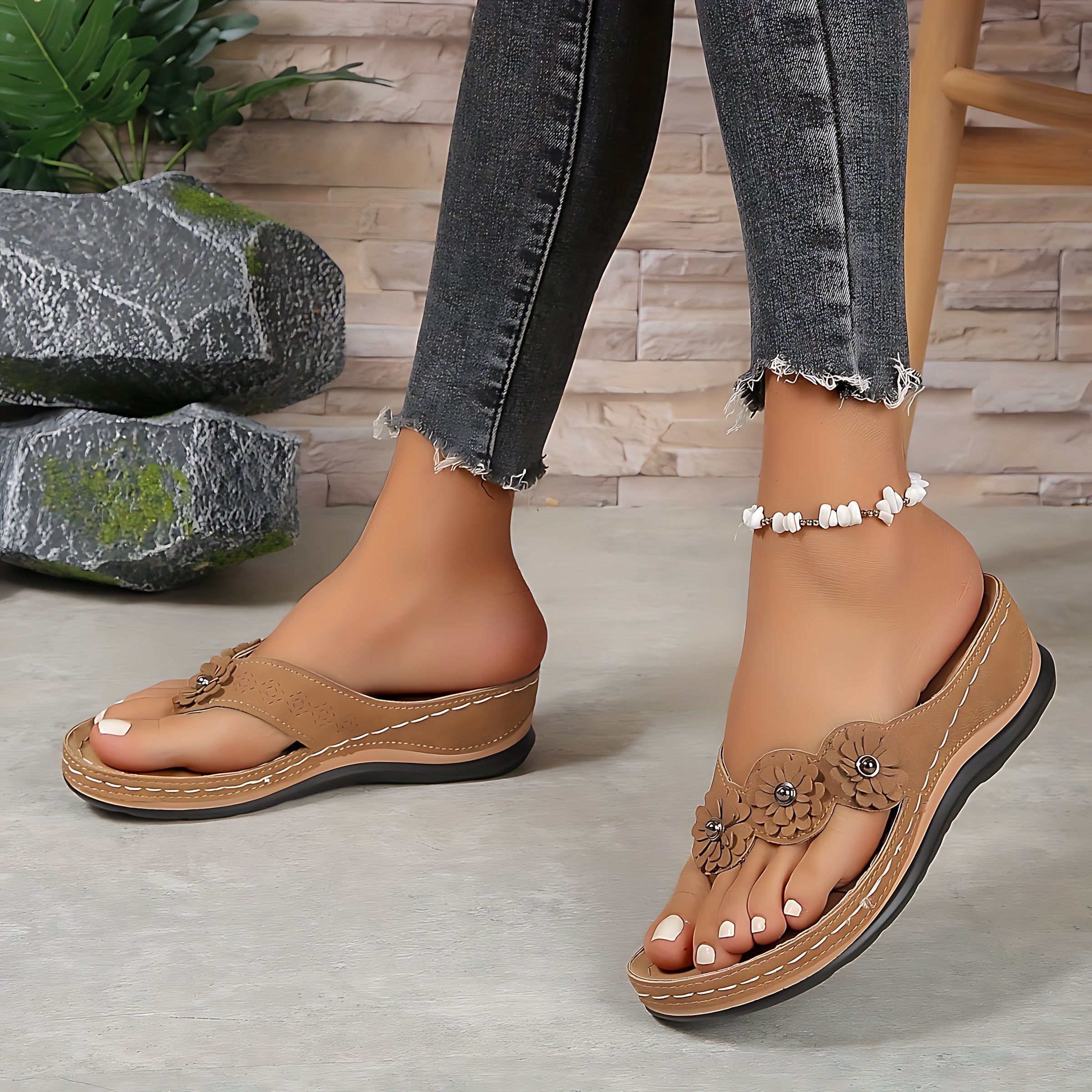 Sophie – Floral Thong Low Wedge Sandals