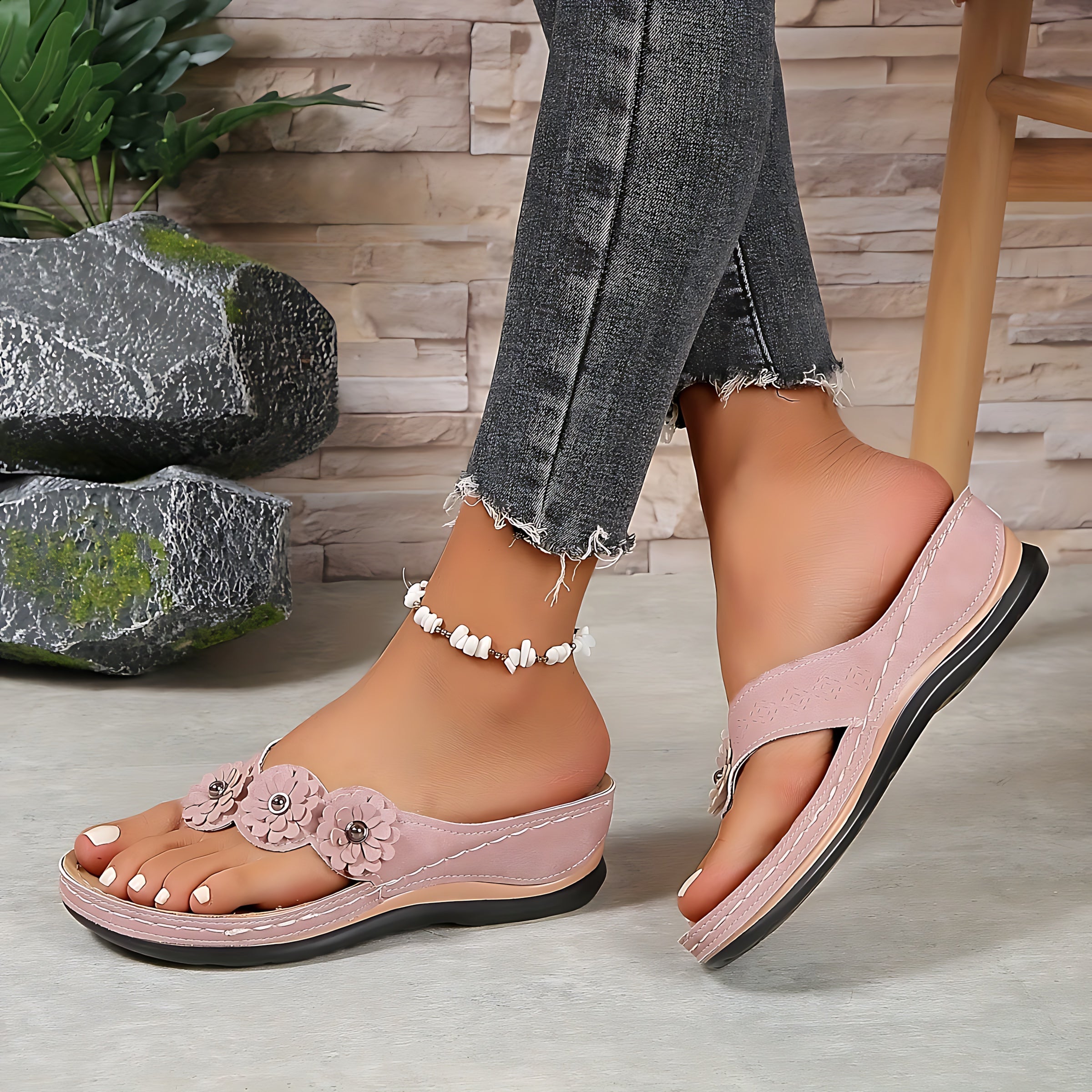 Sophie – Floral Thong Low Wedge Sandals