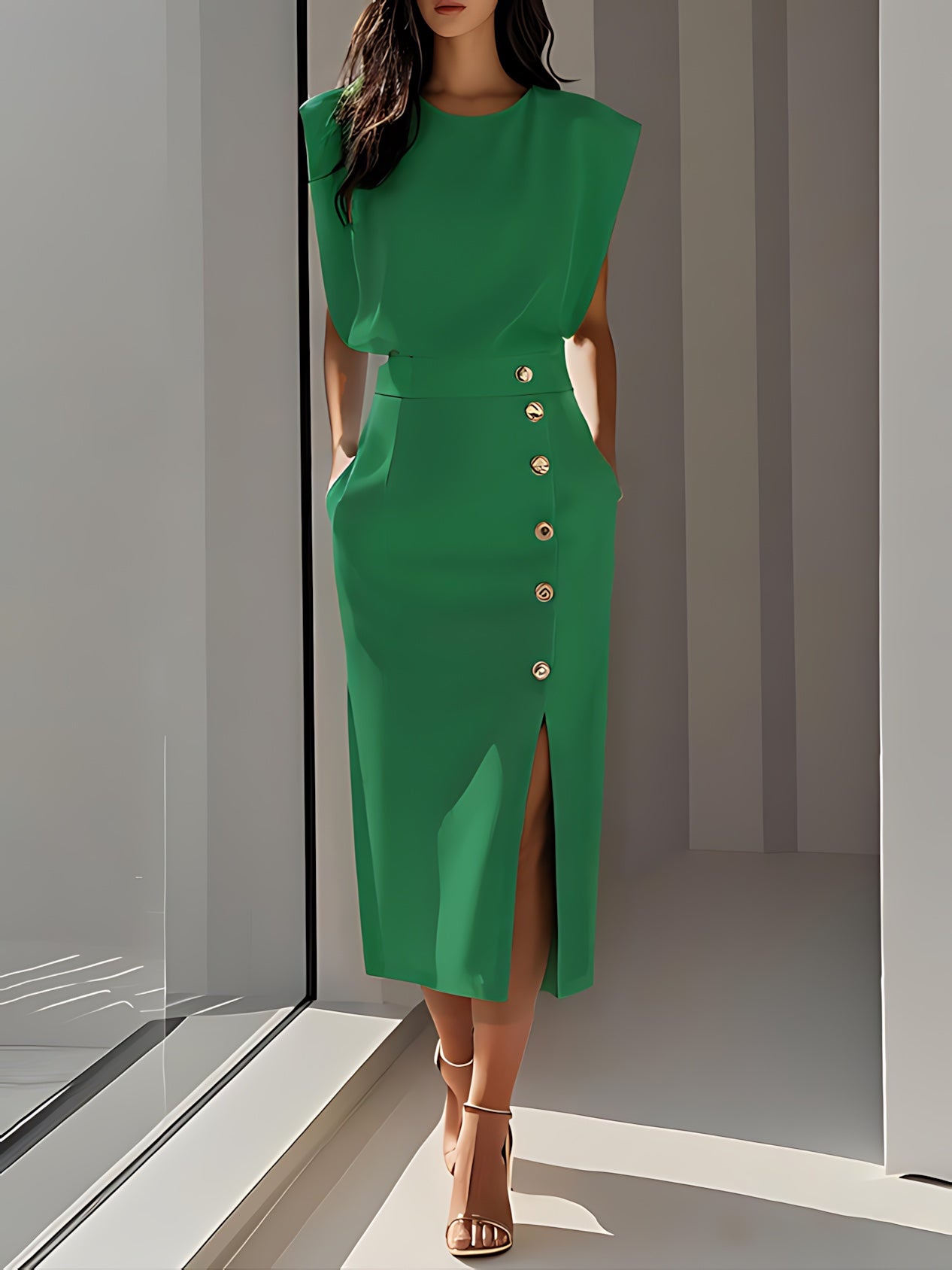 Sophie – Round Neck Bodycon Side Slit Midi Dress