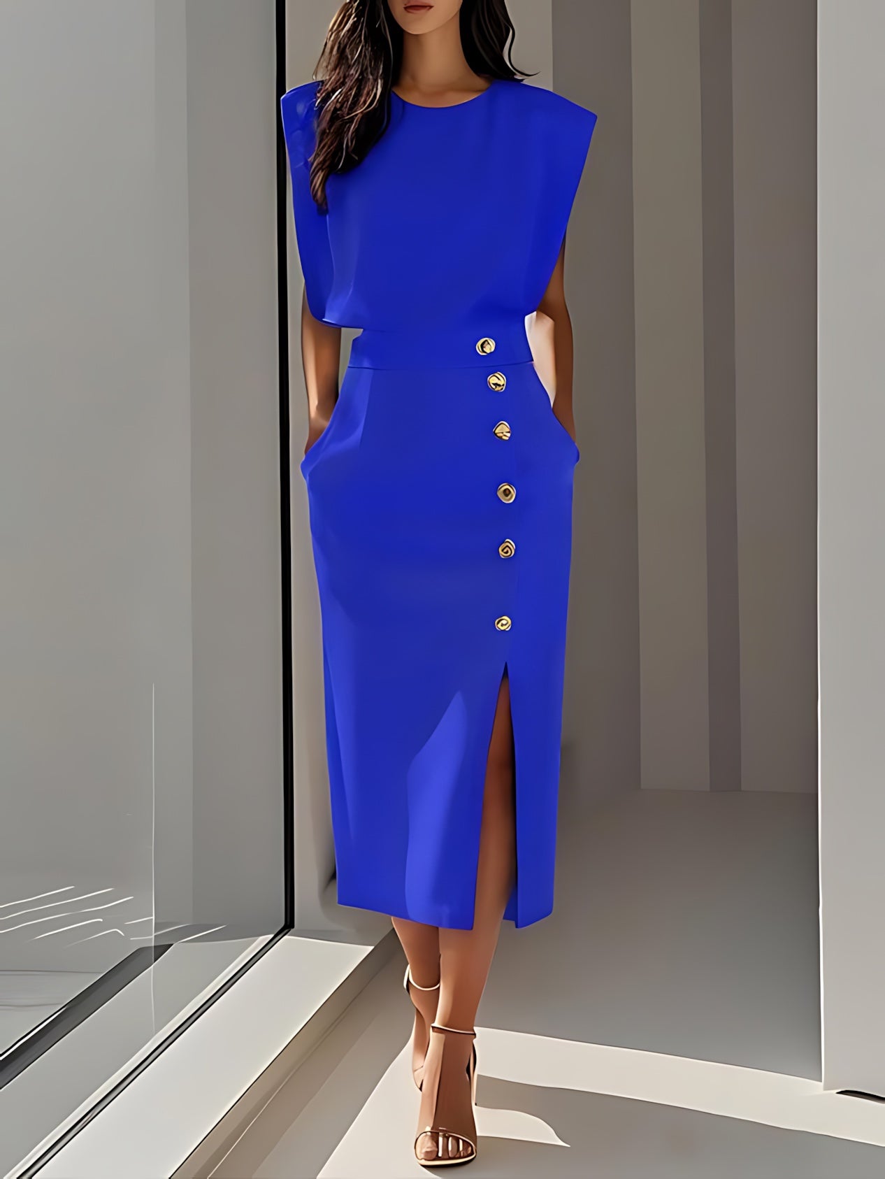 Sophie – Round Neck Bodycon Side Slit Midi Dress