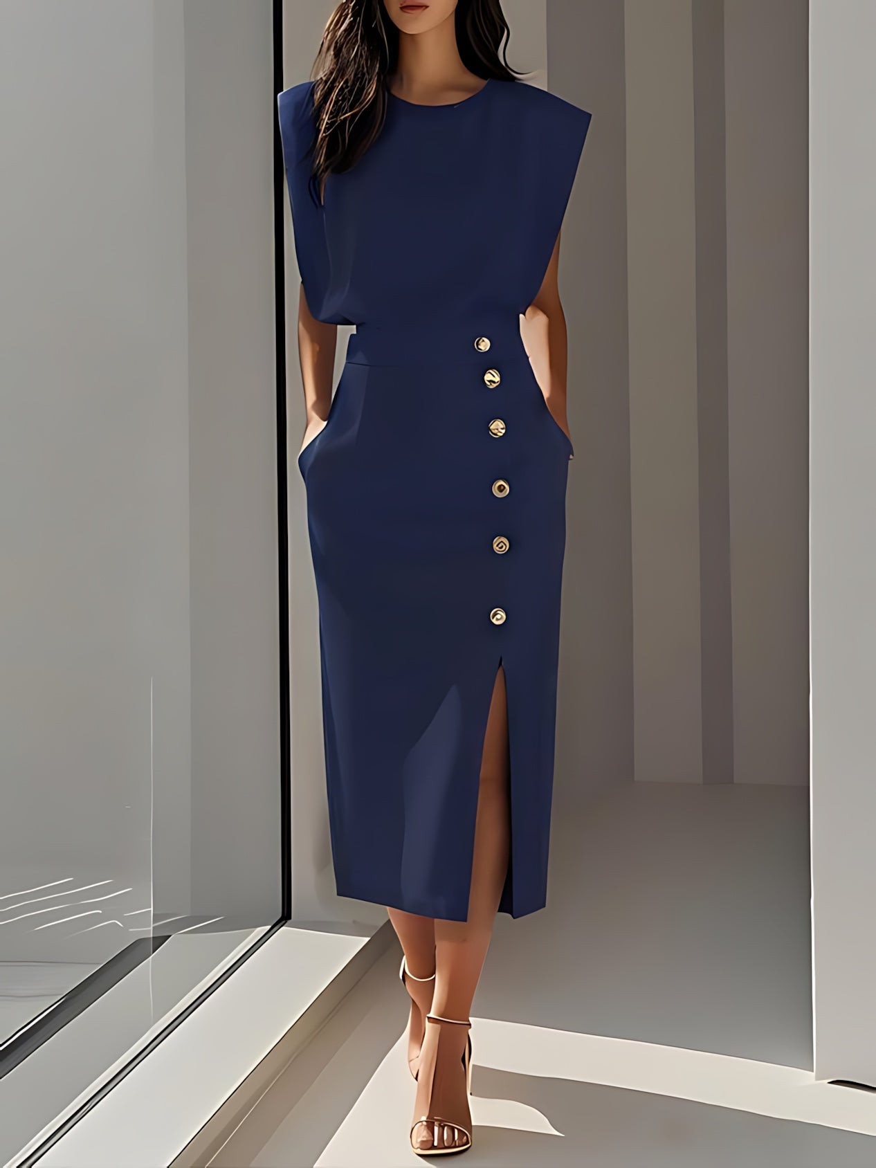 Sophie – Round Neck Bodycon Side Slit Midi Dress