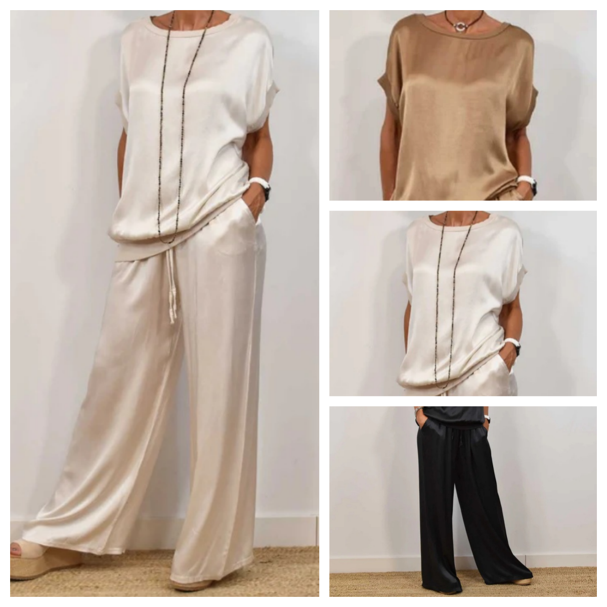 Lola – Satin Short Sleeve Top and Wide Leg Pants Set