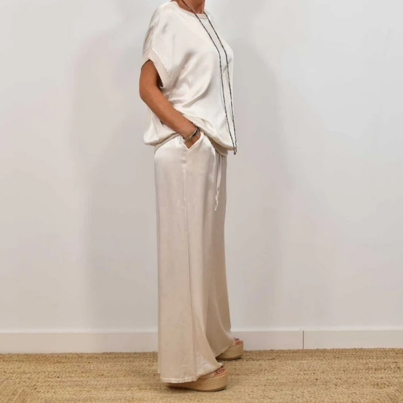 Lola – Satin Short Sleeve Top and Wide Leg Pants Set