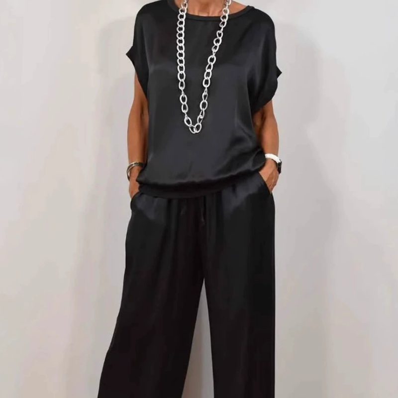 Lola – Satin Short Sleeve Top and Wide Leg Pants Set