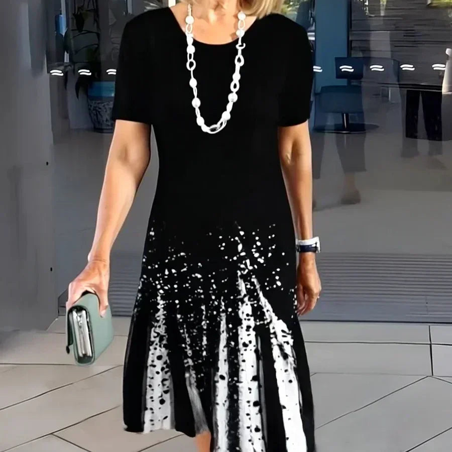 Sofia – Contrast Print Crew Neck A Line Midi Dress