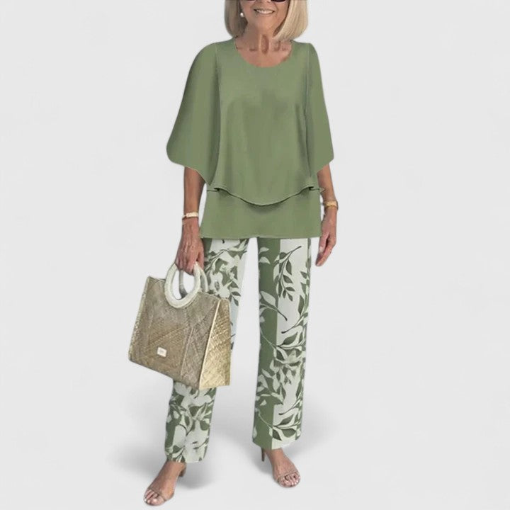 Hailey – Short Sleeve Top and Leaf Print Pants Set