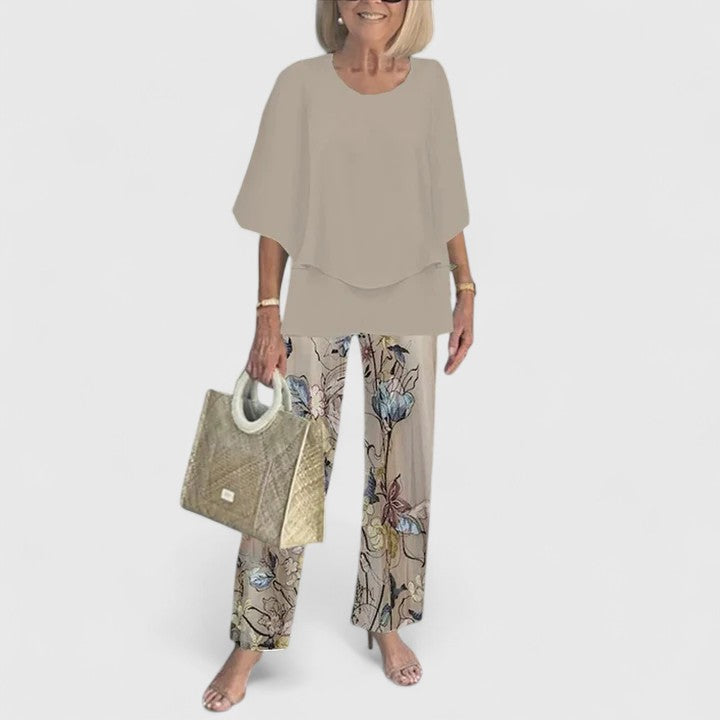 Hailey – Short Sleeve Top and Leaf Print Pants Set