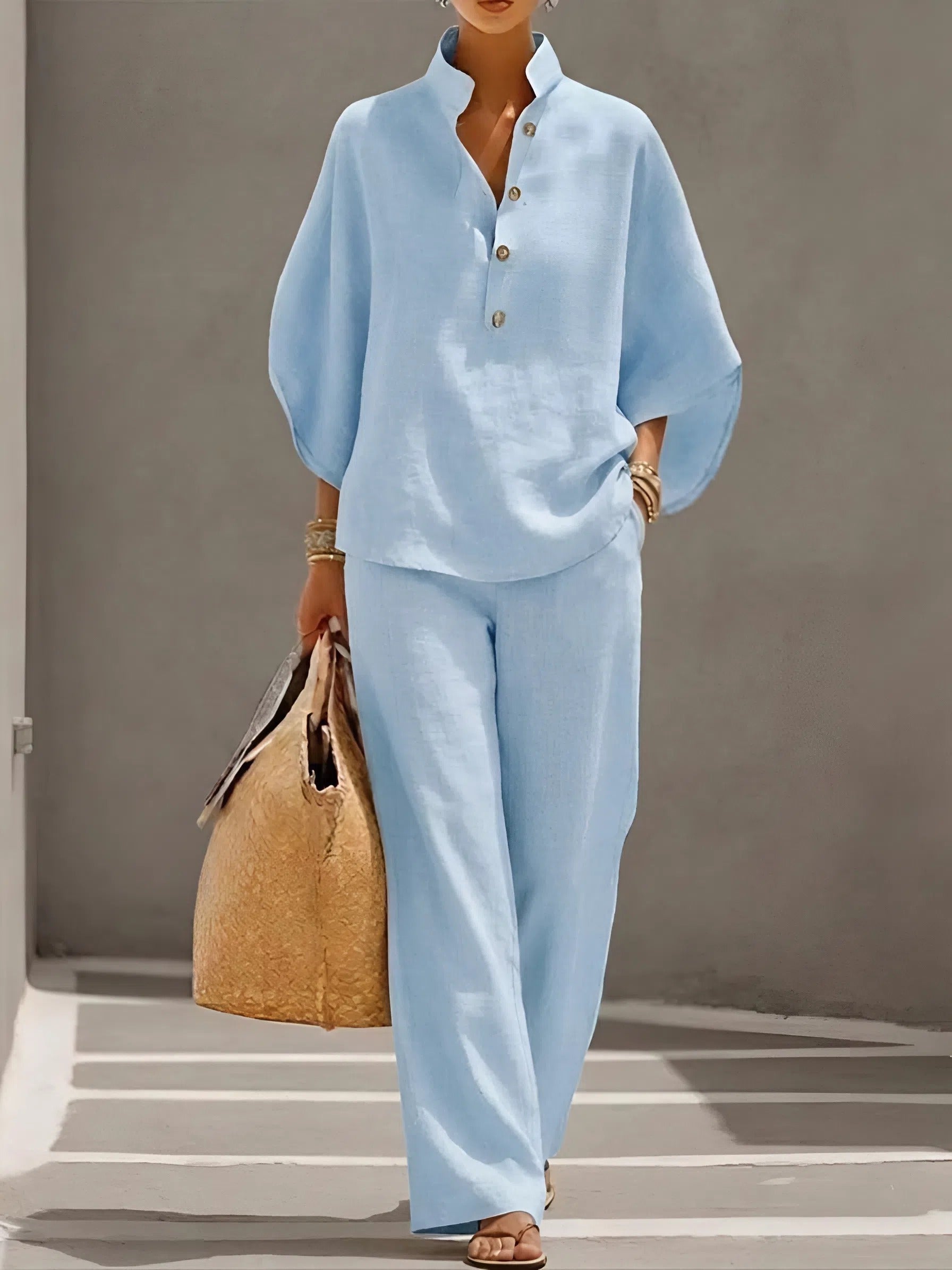 Abigail – Button Up Collared Shirt and Wide Leg Pants Set