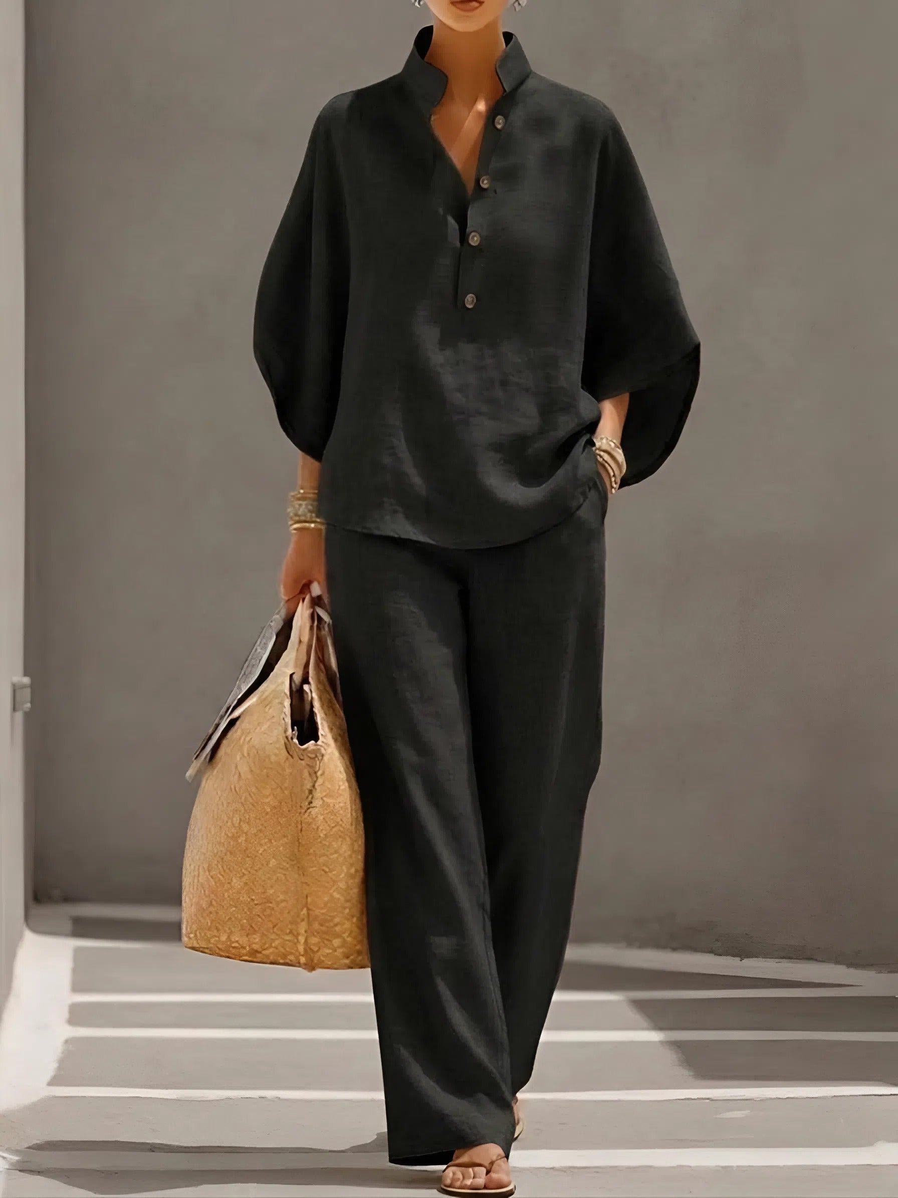 Abigail – Button Up Collared Shirt and Wide Leg Pants Set
