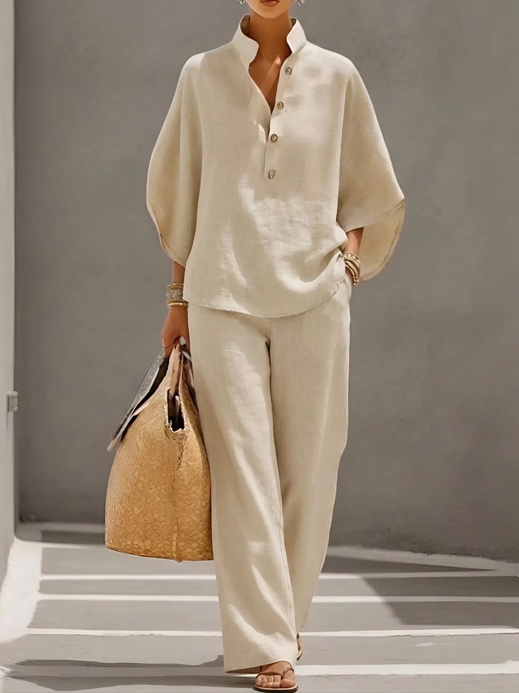 Abigail – Button Up Collared Shirt and Wide Leg Pants Set