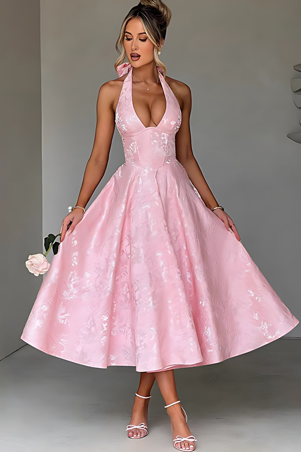 Talia – Jacquard Halter Wedding Guest Midi Dress