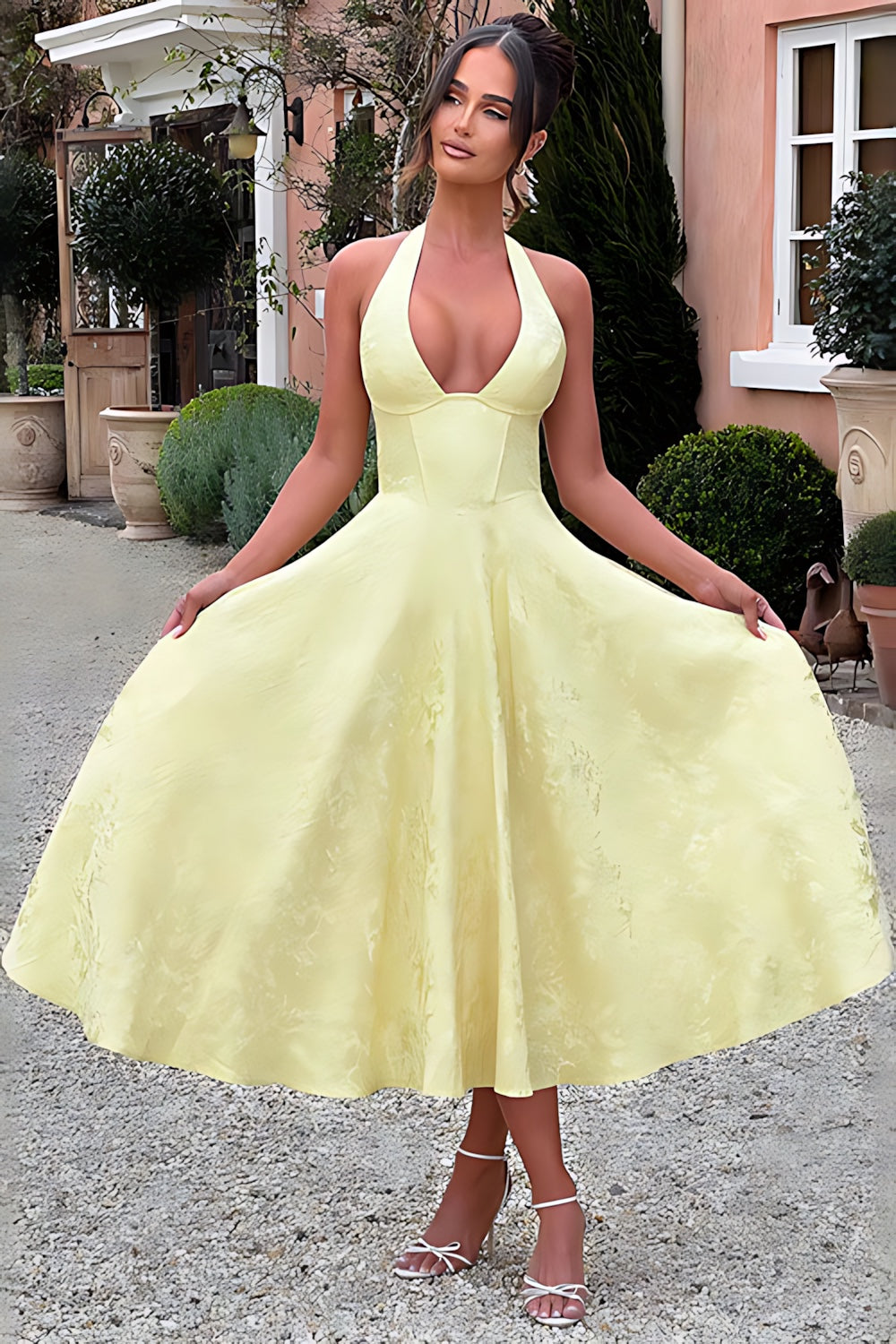 Talia – Jacquard Halter Wedding Guest Midi Dress