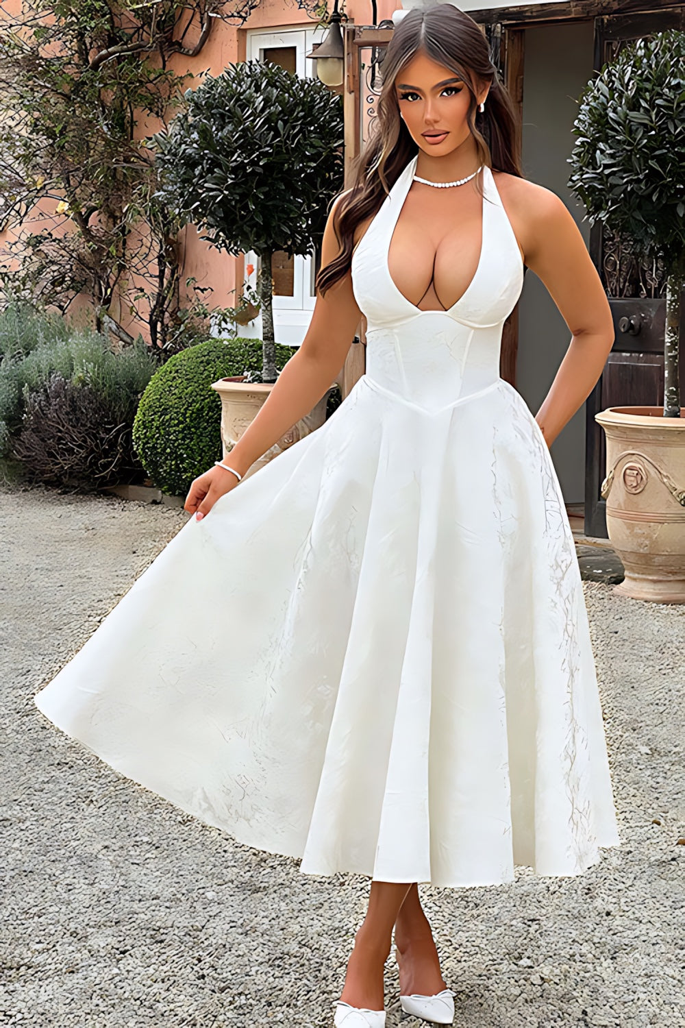 Talia – Jacquard Halter Wedding Guest Midi Dress