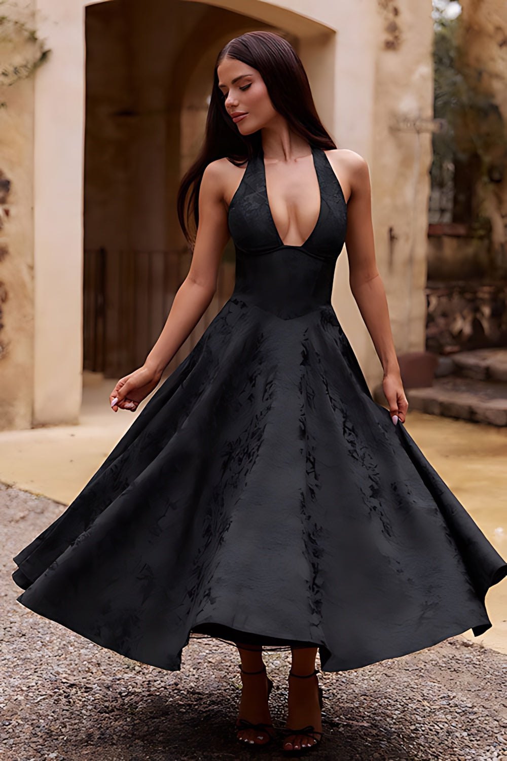 Talia – Jacquard Halter Wedding Guest Midi Dress