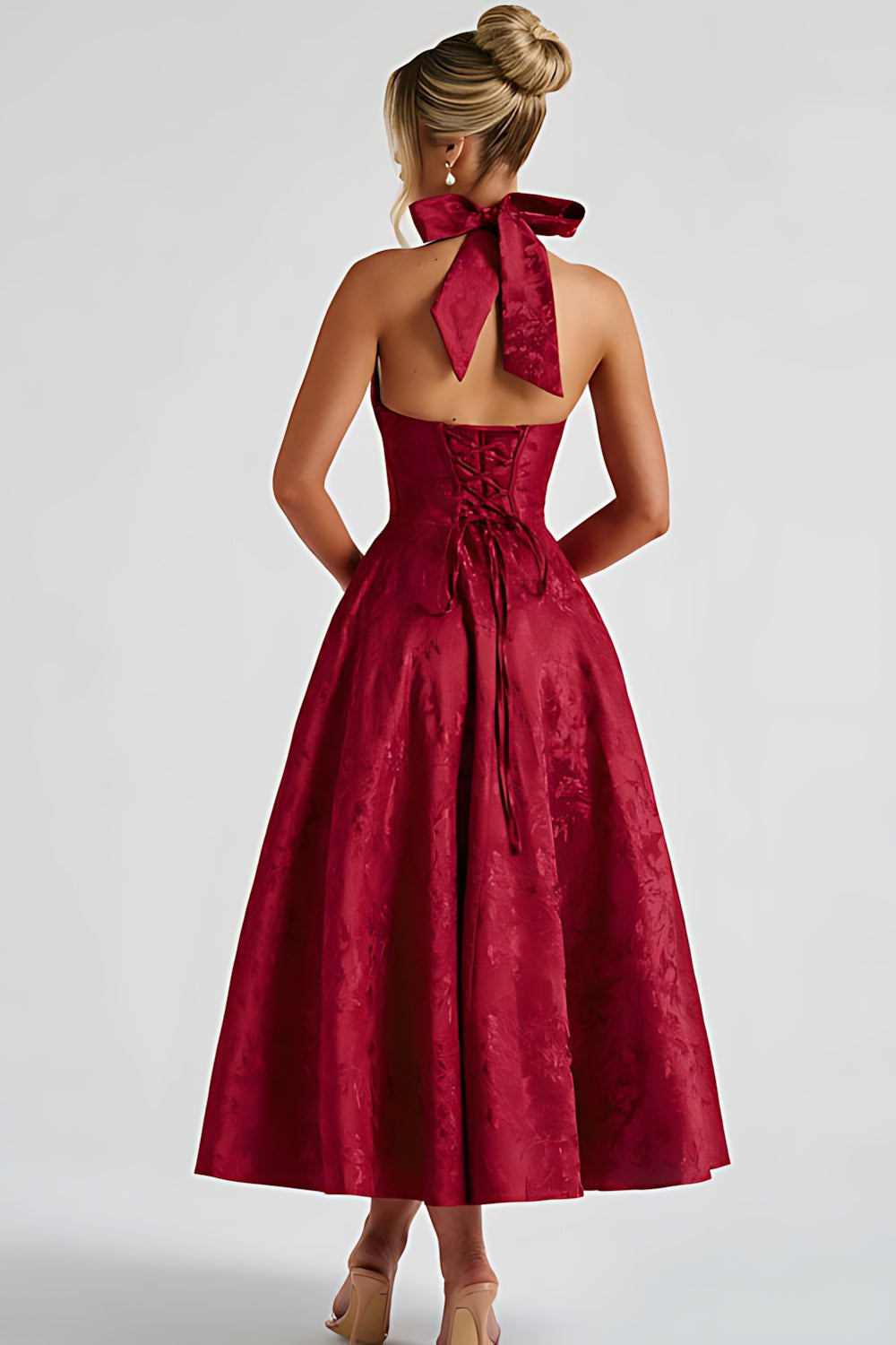 Talia – Jacquard Halter Wedding Guest Midi Dress