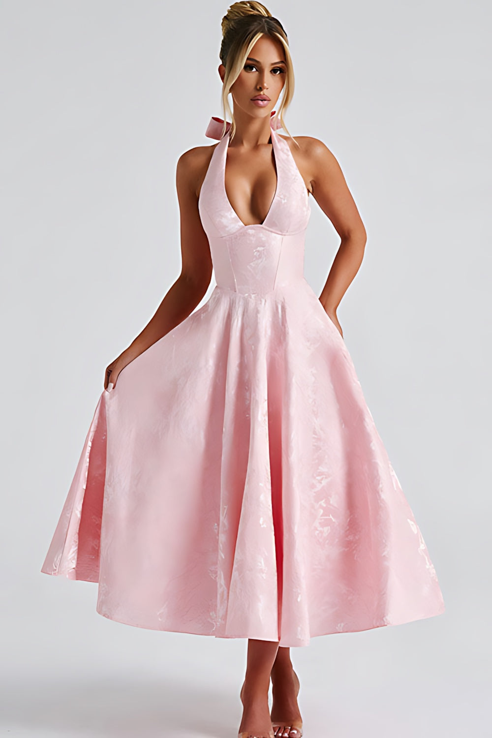 Talia – Jacquard Halter Wedding Guest Midi Dress