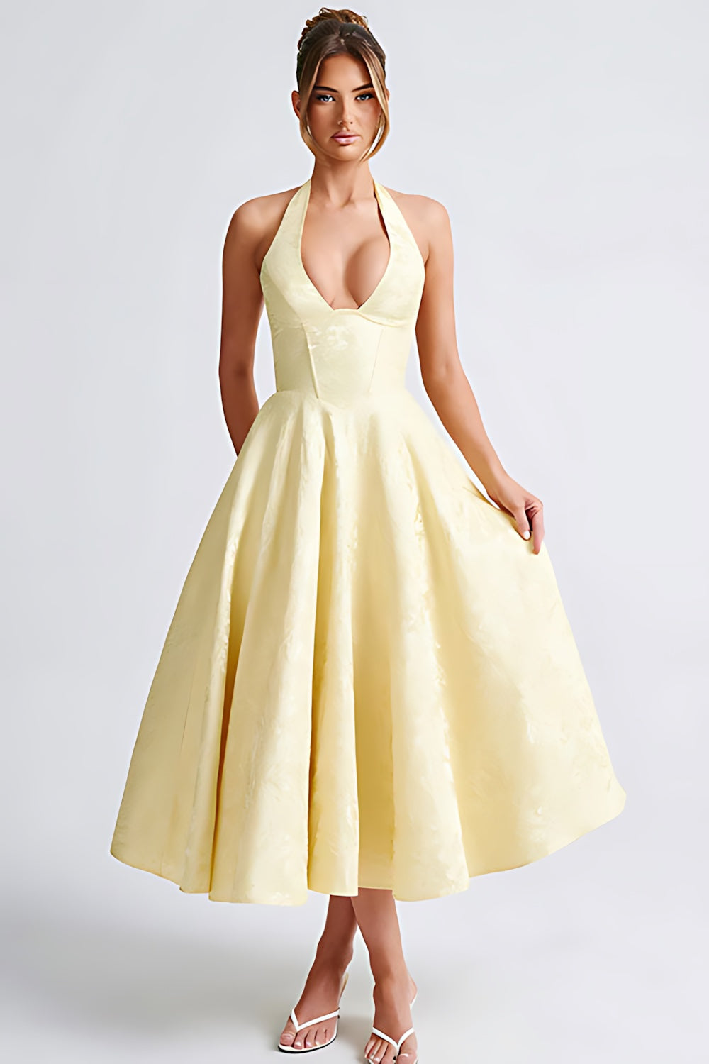 Talia – Jacquard Halter Wedding Guest Midi Dress