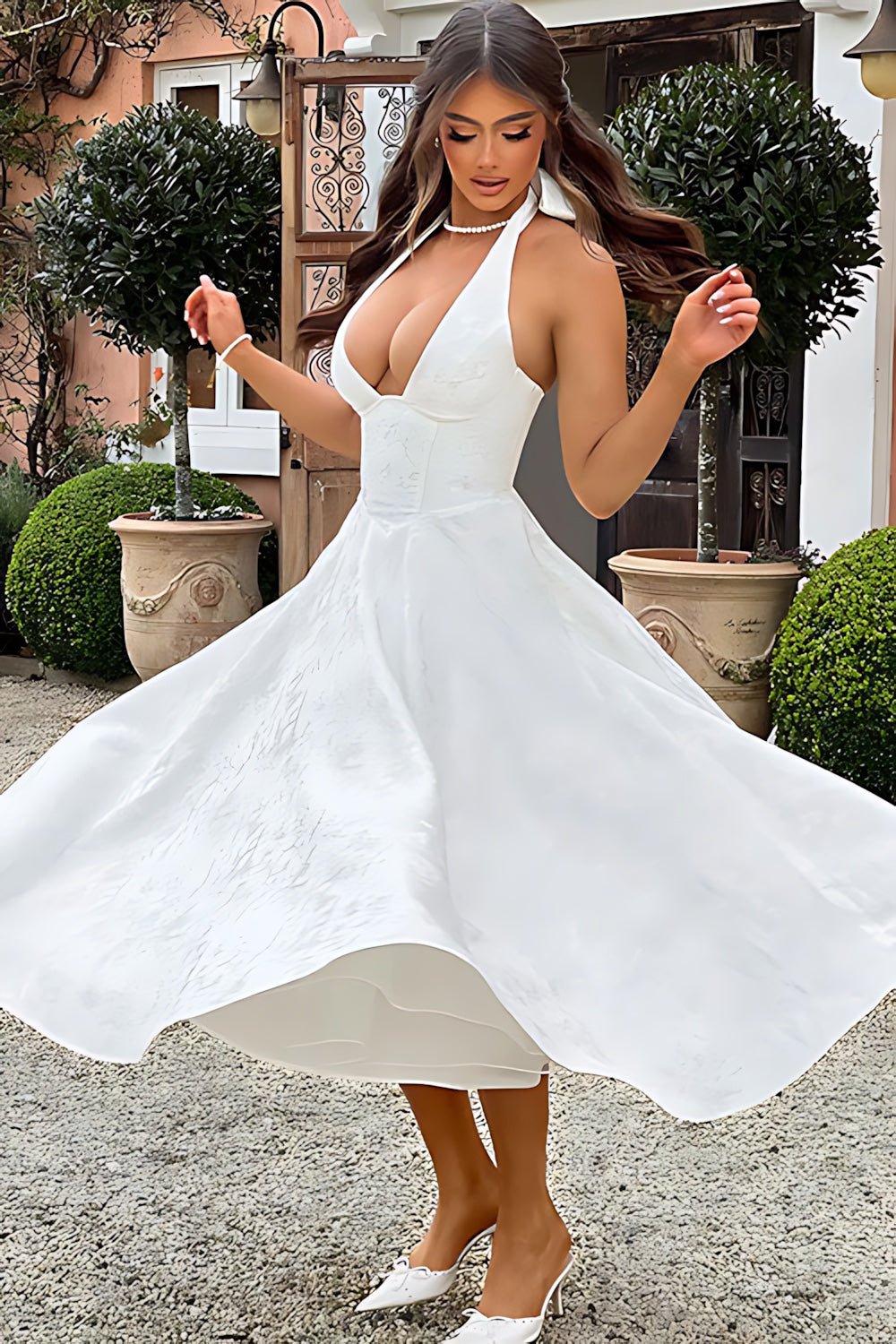 Talia – Jacquard Halter Wedding Guest Midi Dress