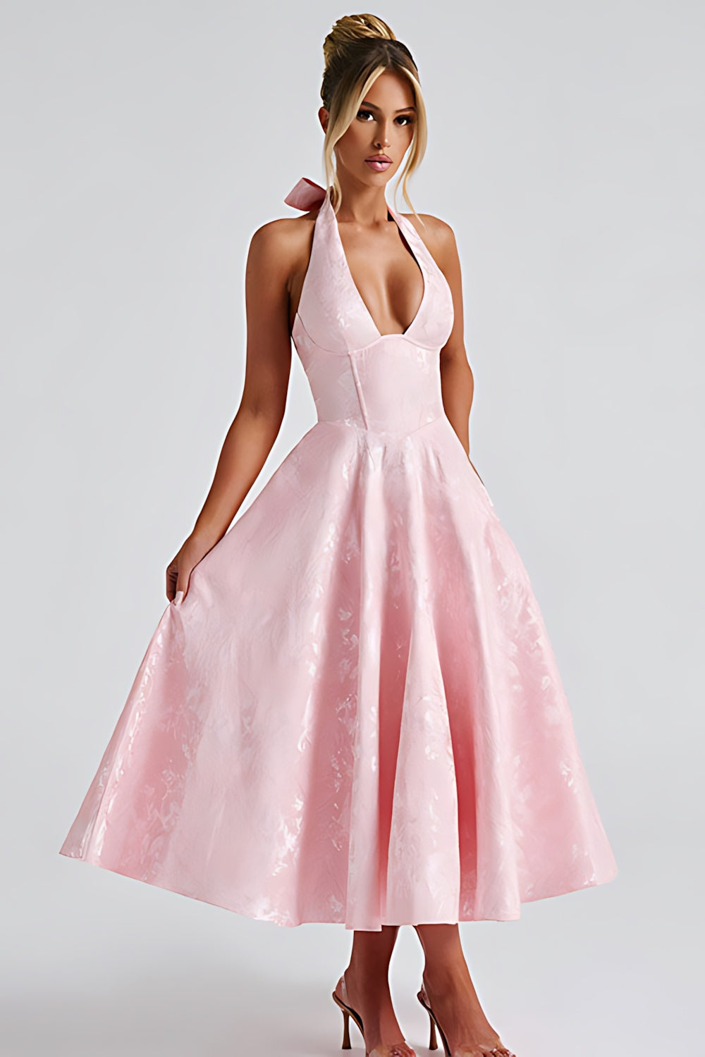 Talia – Jacquard Halter Wedding Guest Midi Dress