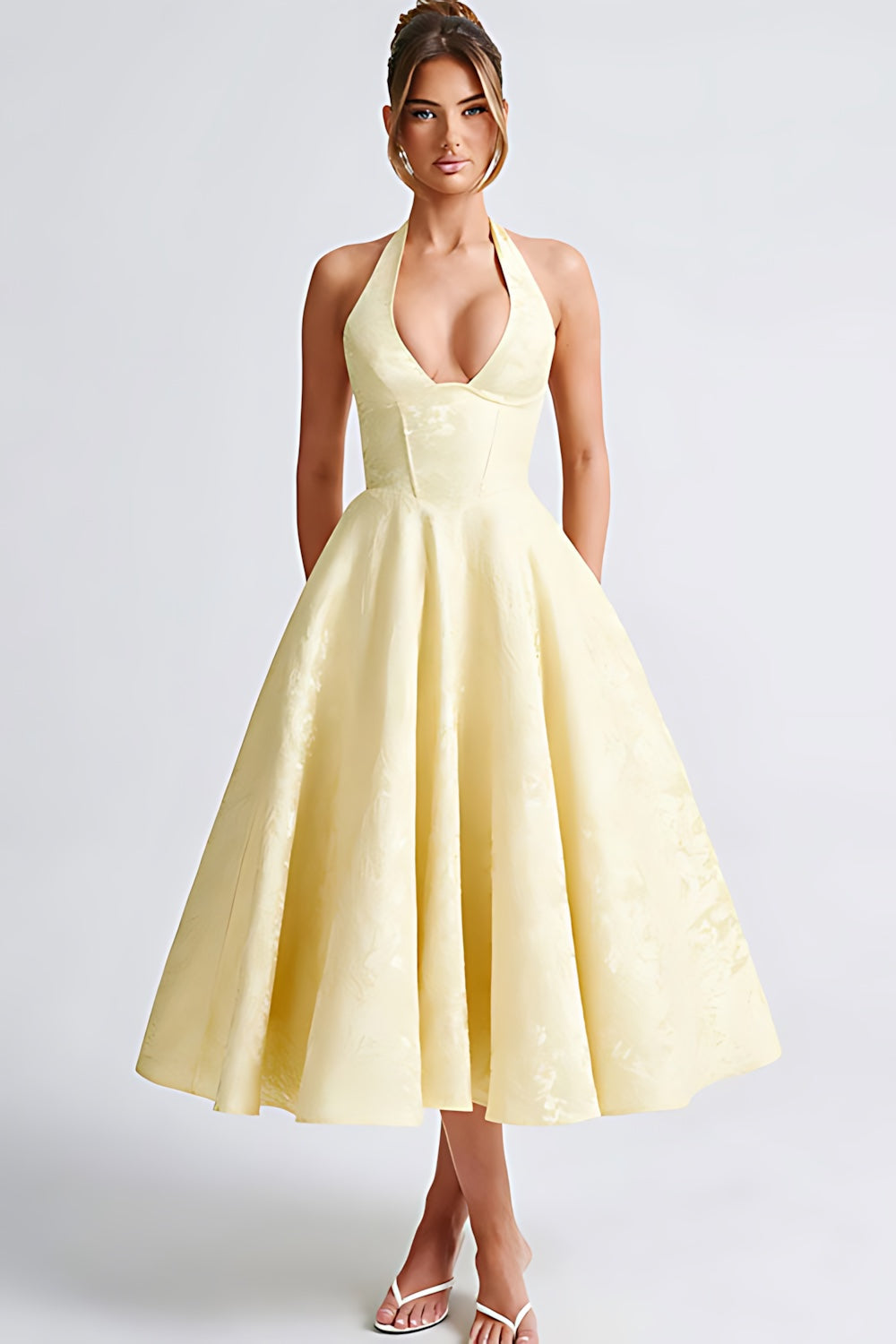Talia – Jacquard Halter Wedding Guest Midi Dress