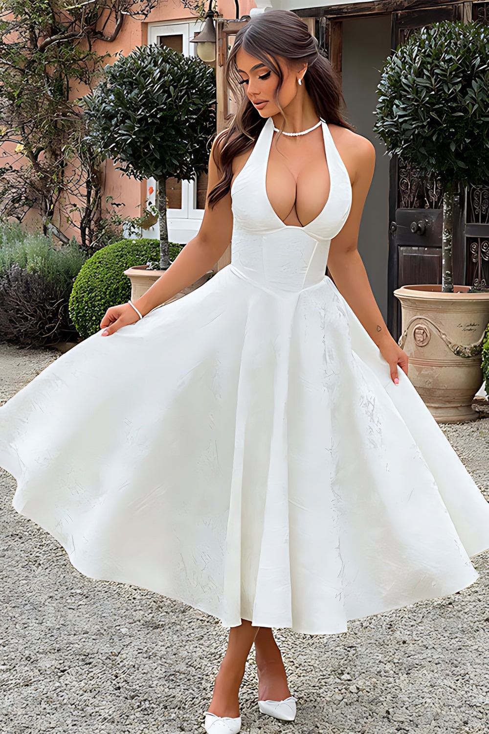 Talia – Jacquard Halter Wedding Guest Midi Dress