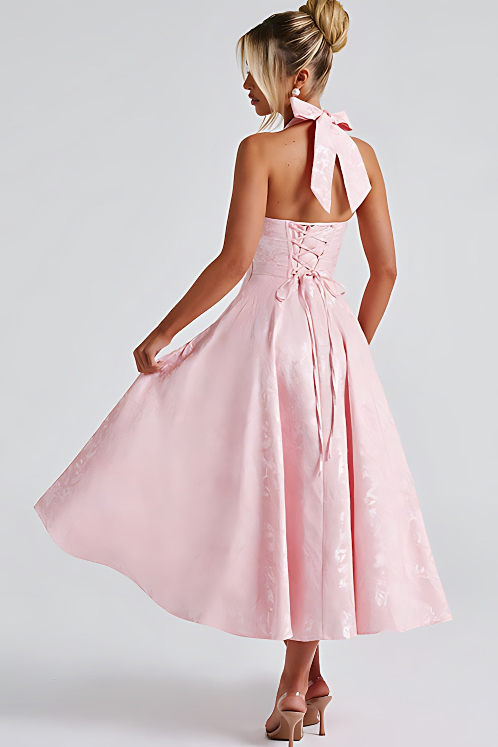 Talia – Jacquard Halter Wedding Guest Midi Dress