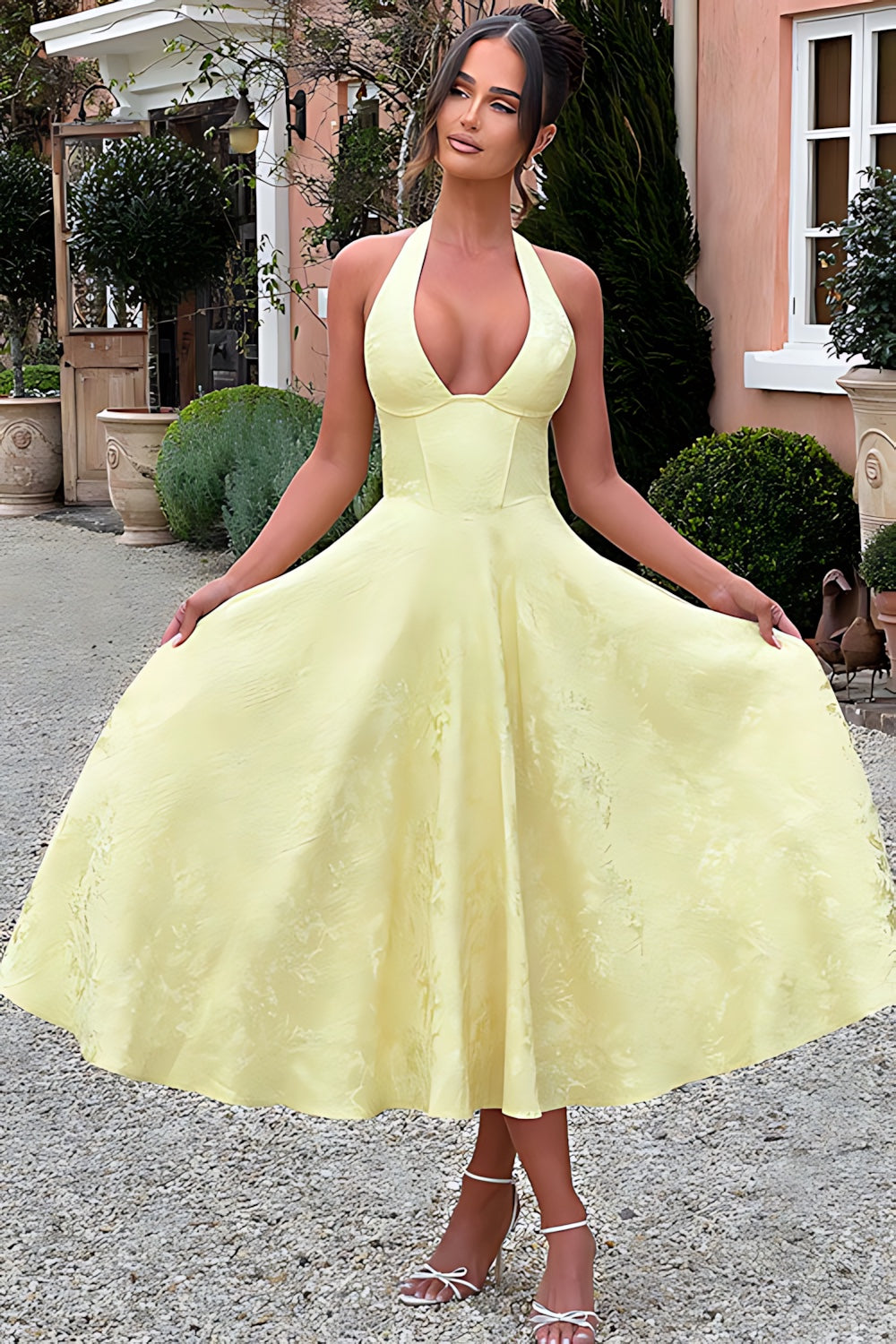 Talia – Jacquard Halter Wedding Guest Midi Dress