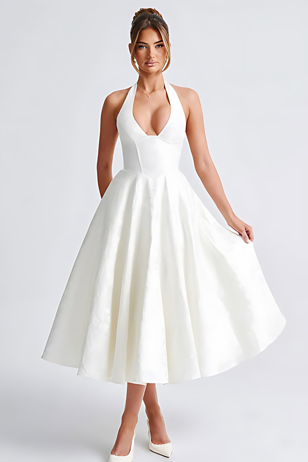Talia – Jacquard Halter Wedding Guest Midi Dress