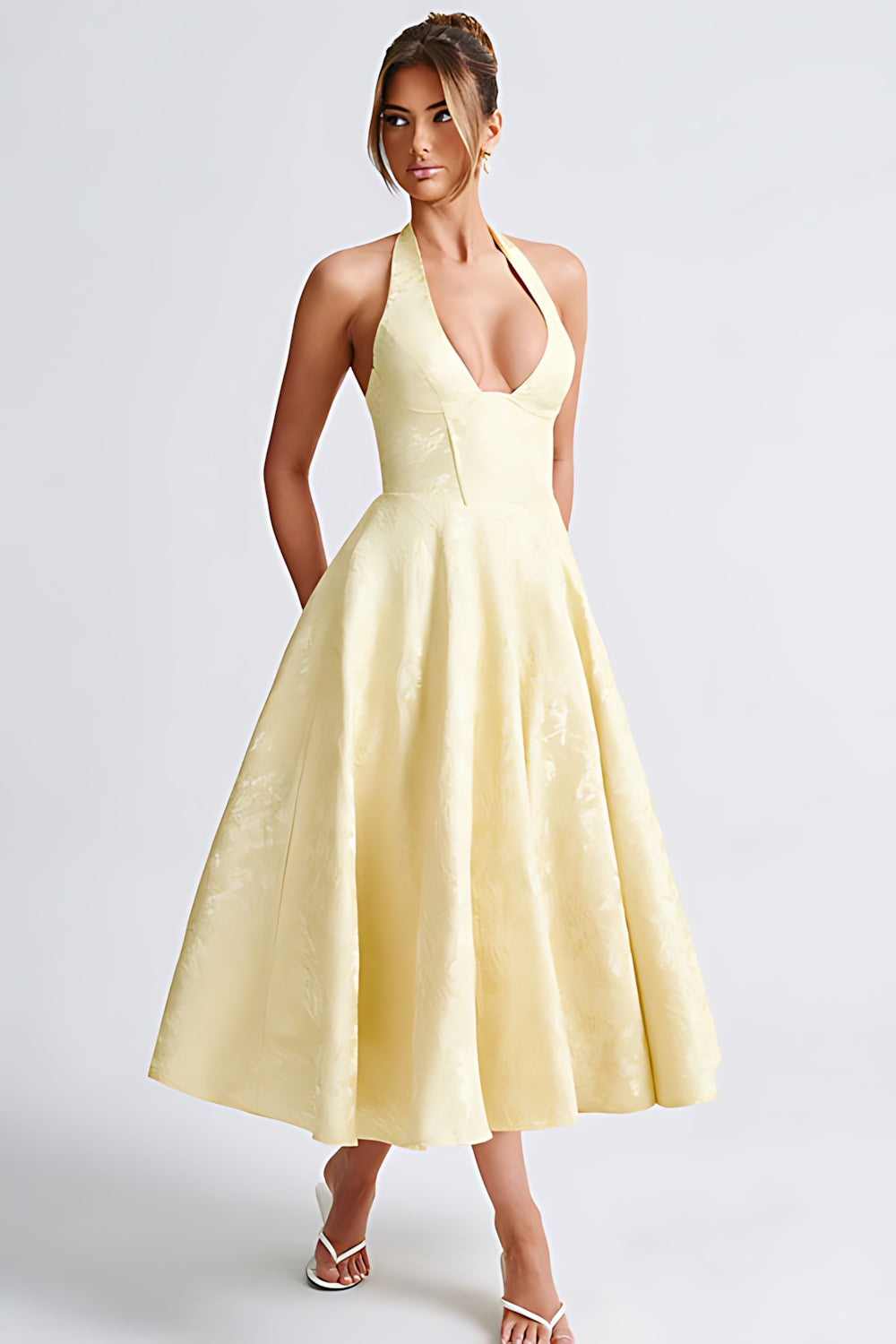 Talia – Jacquard Halter Wedding Guest Midi Dress