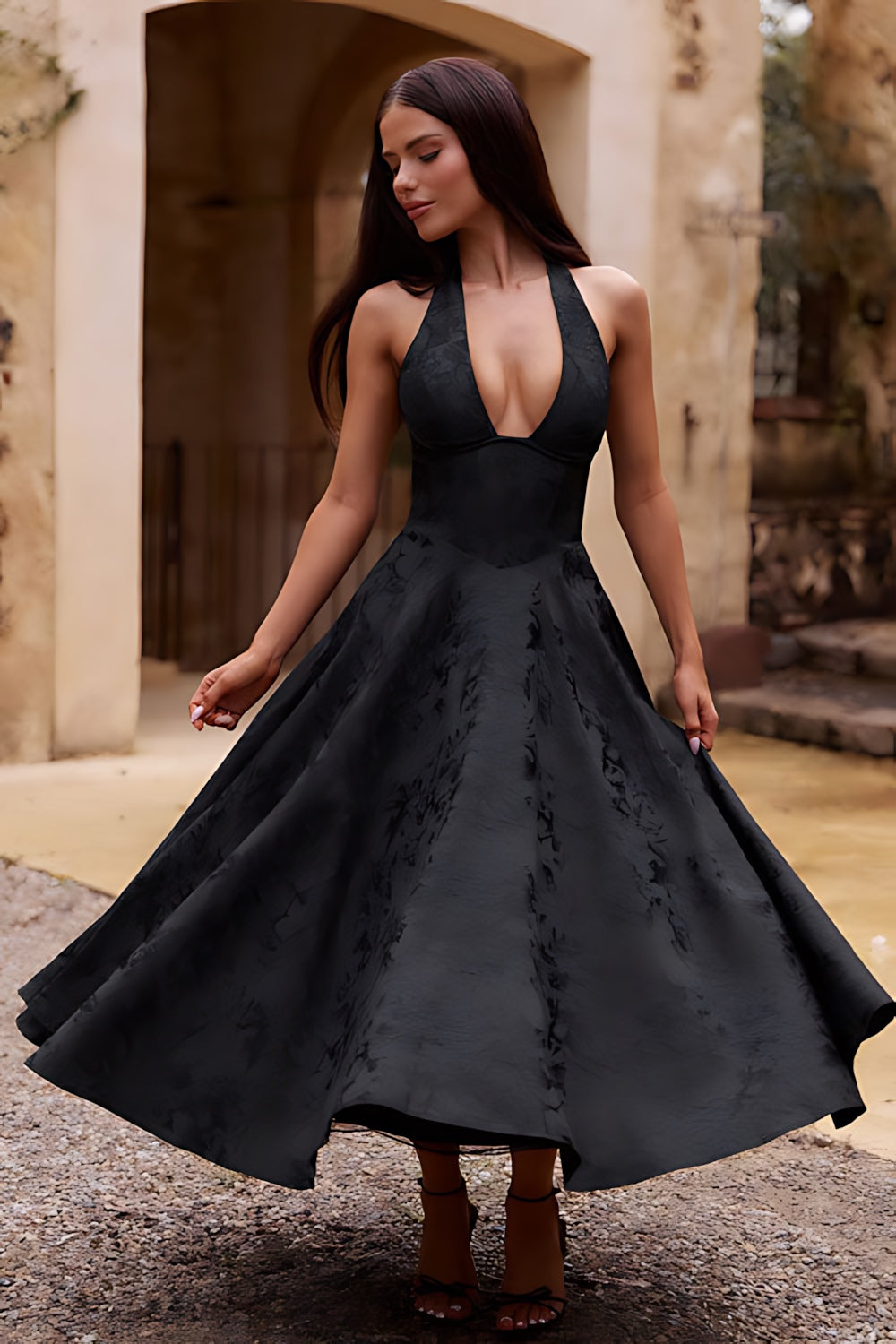 Talia – Jacquard Halter Wedding Guest Midi Dress